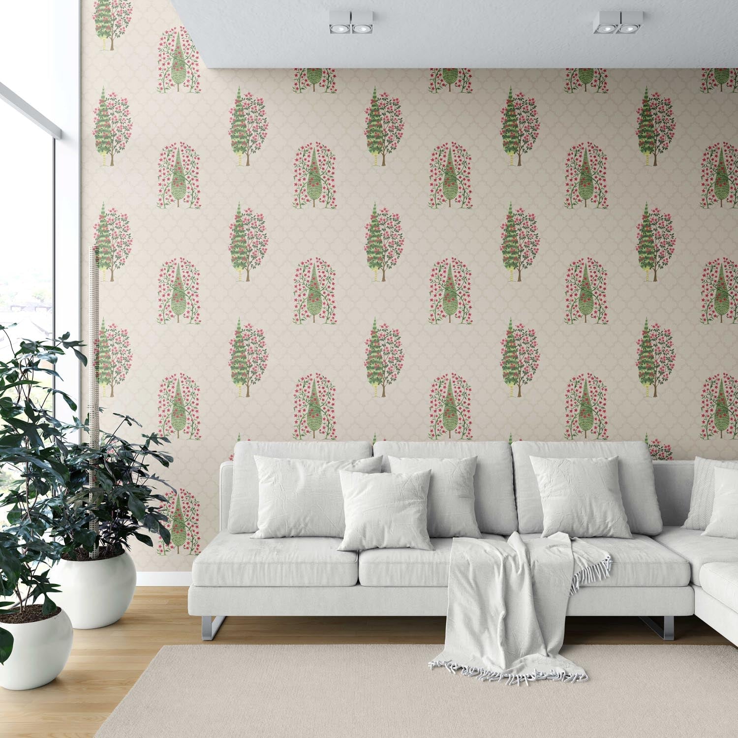 Botanical/ Floral Print Shower Toilet Wallpaper Sample (Beige/ Pink/ Green)