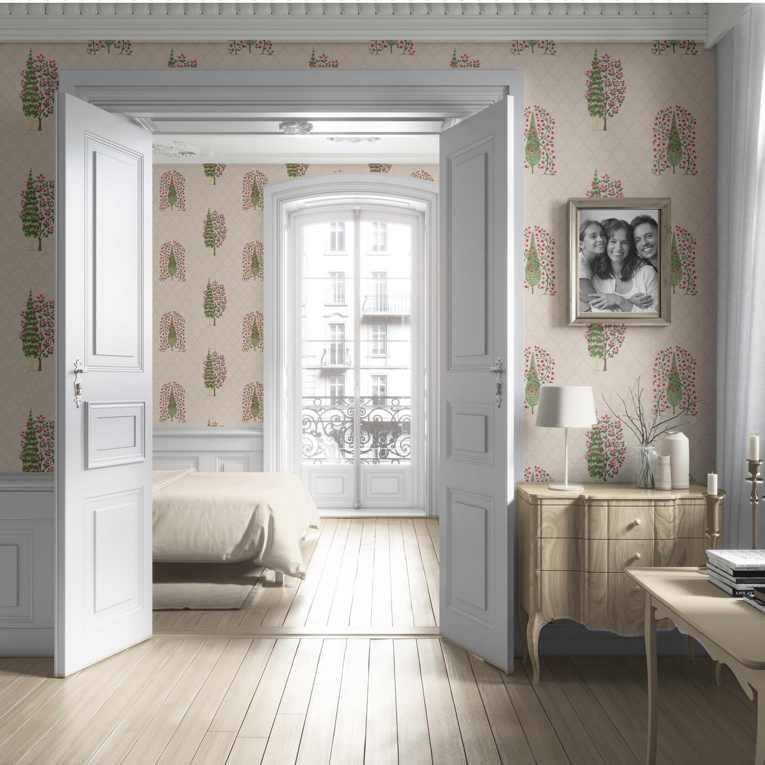 Botanical/ Floral Print Living Room Wallpaper Sample (Beige/ Pink/ Green)