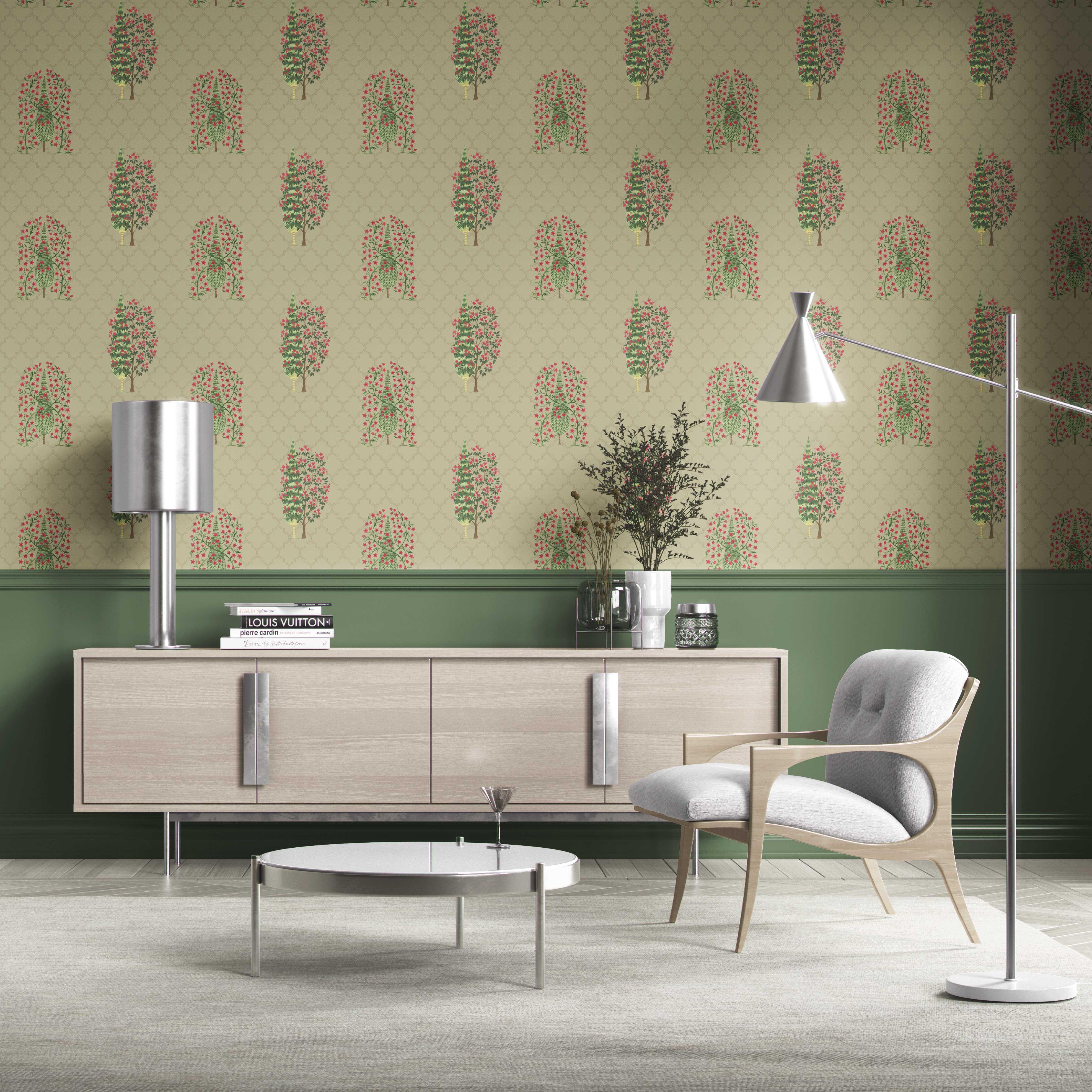Botanical/ Floral Print Traditional Wallpaper Sample (Olive Green/ Pink)