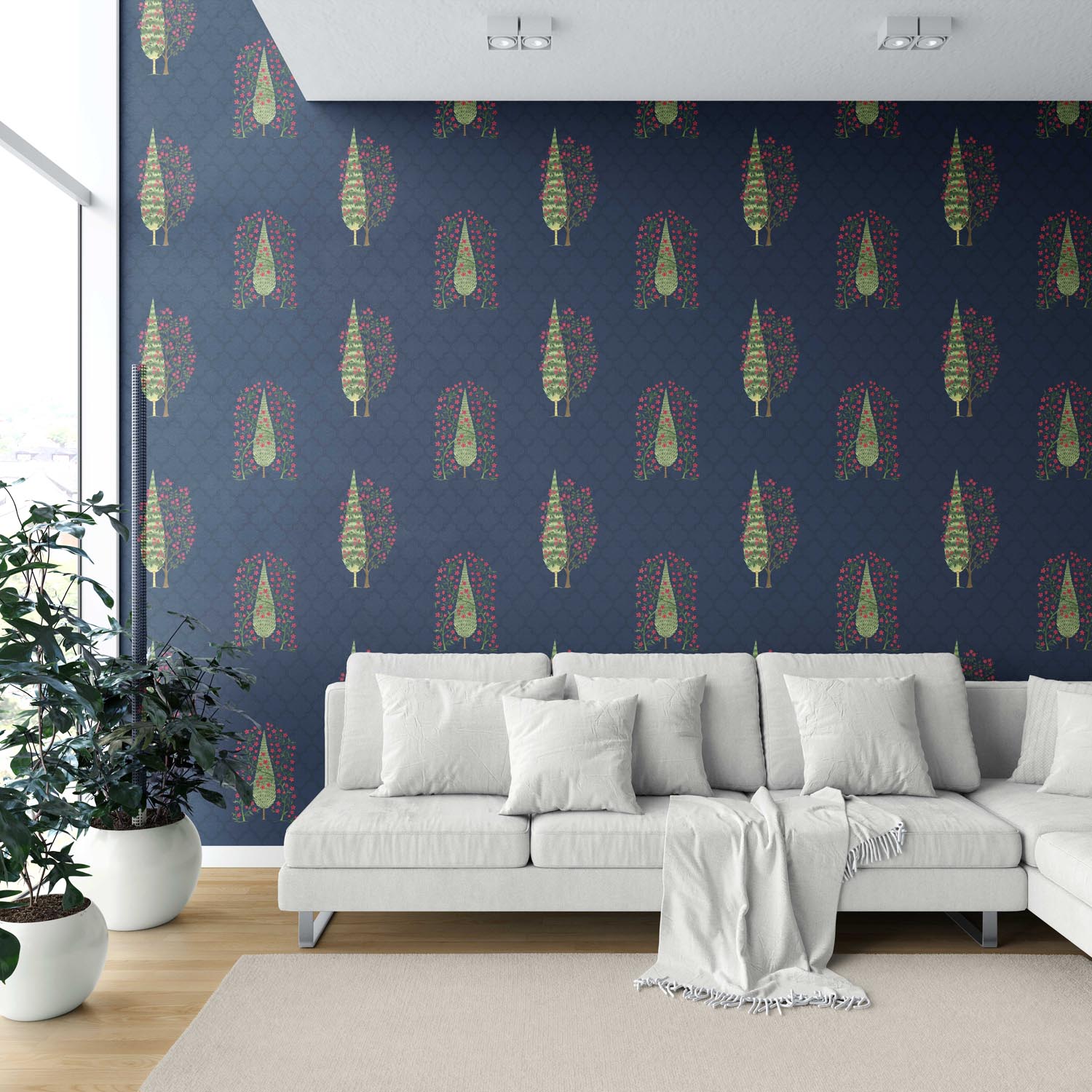 Botanical/ Floral Print Shower Toilet Wallpaper Sample (Navy Blue/ Pink/ Green)