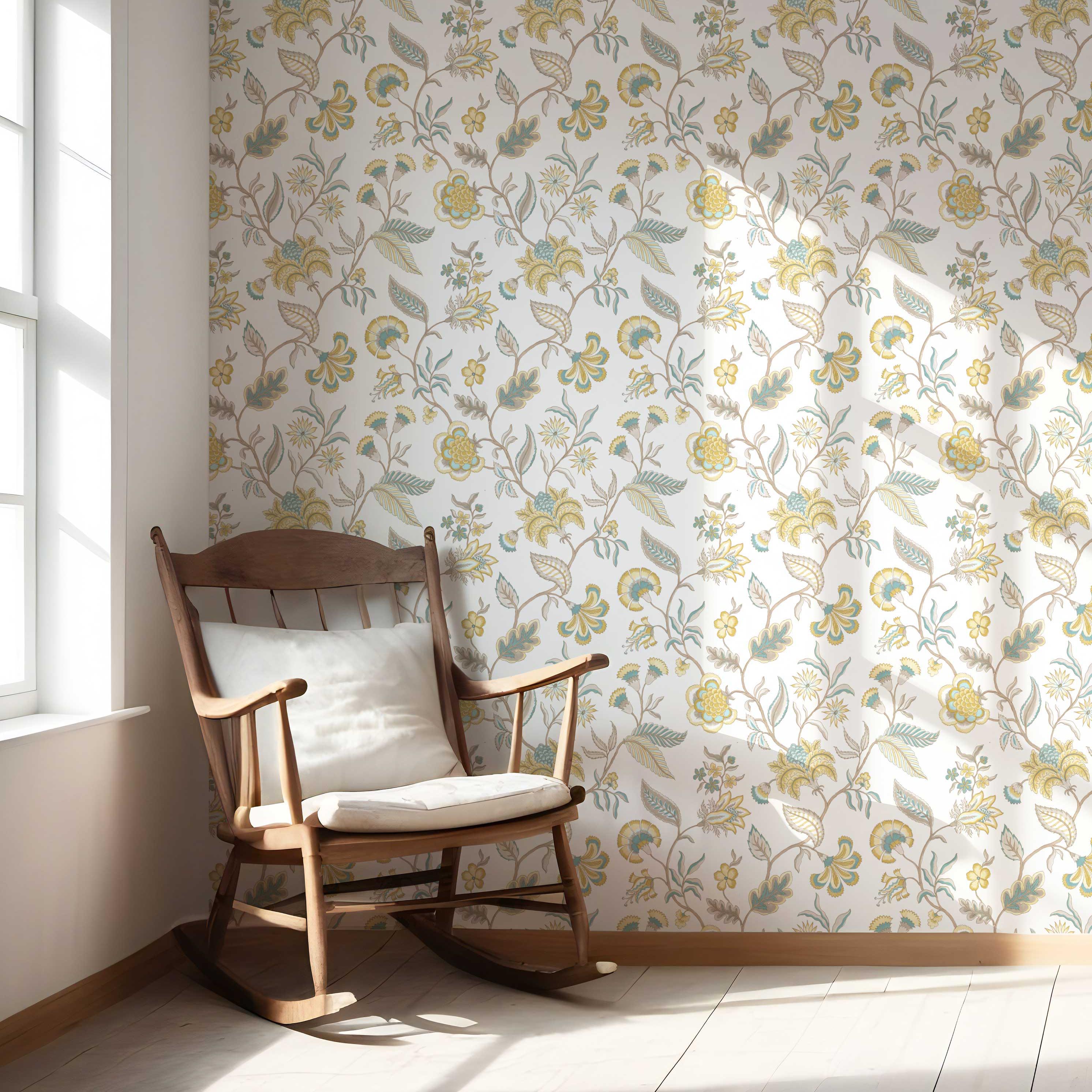 Botanical/ Floral Chinoiserie Nursery Wallpaper Sample (Yellow/ Blue/ Beige)