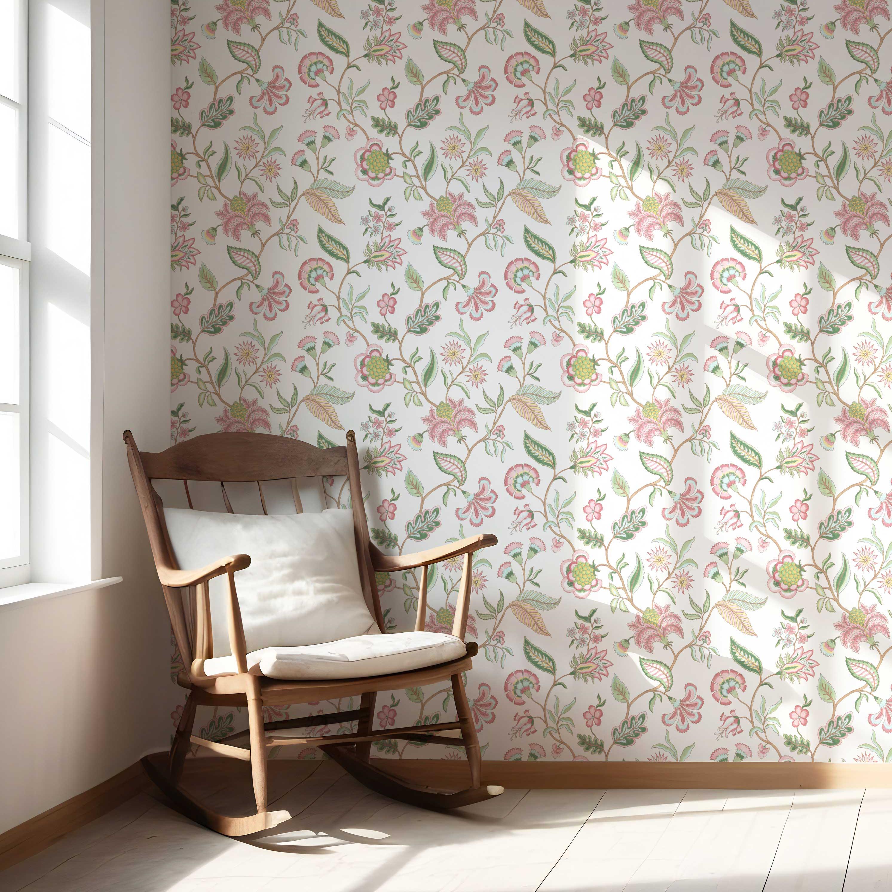 Botanical/ Floral Chinoiserie Nursery Wallpaper Sample (Pink/ Green/ Blue)