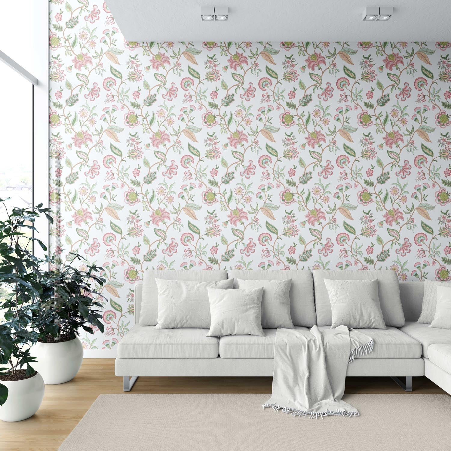 Botanical/ Floral Chinoiserie Shower Toilet Wallpaper Sample (Pink/ Green/ Blue)