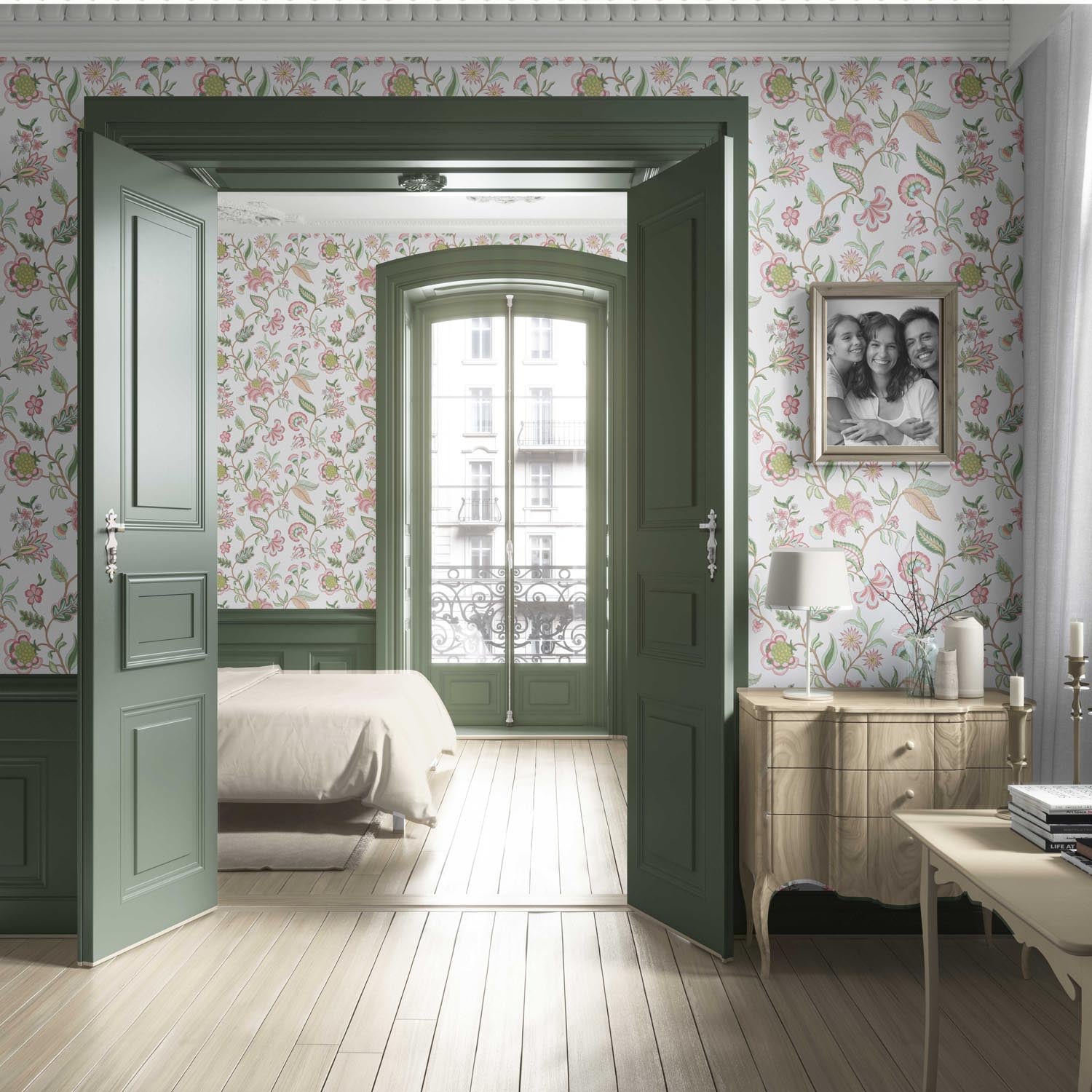 Botanical/ Floral Chinoiserie Living Room Wallpaper Sample (Pink/ Green/ Blue)