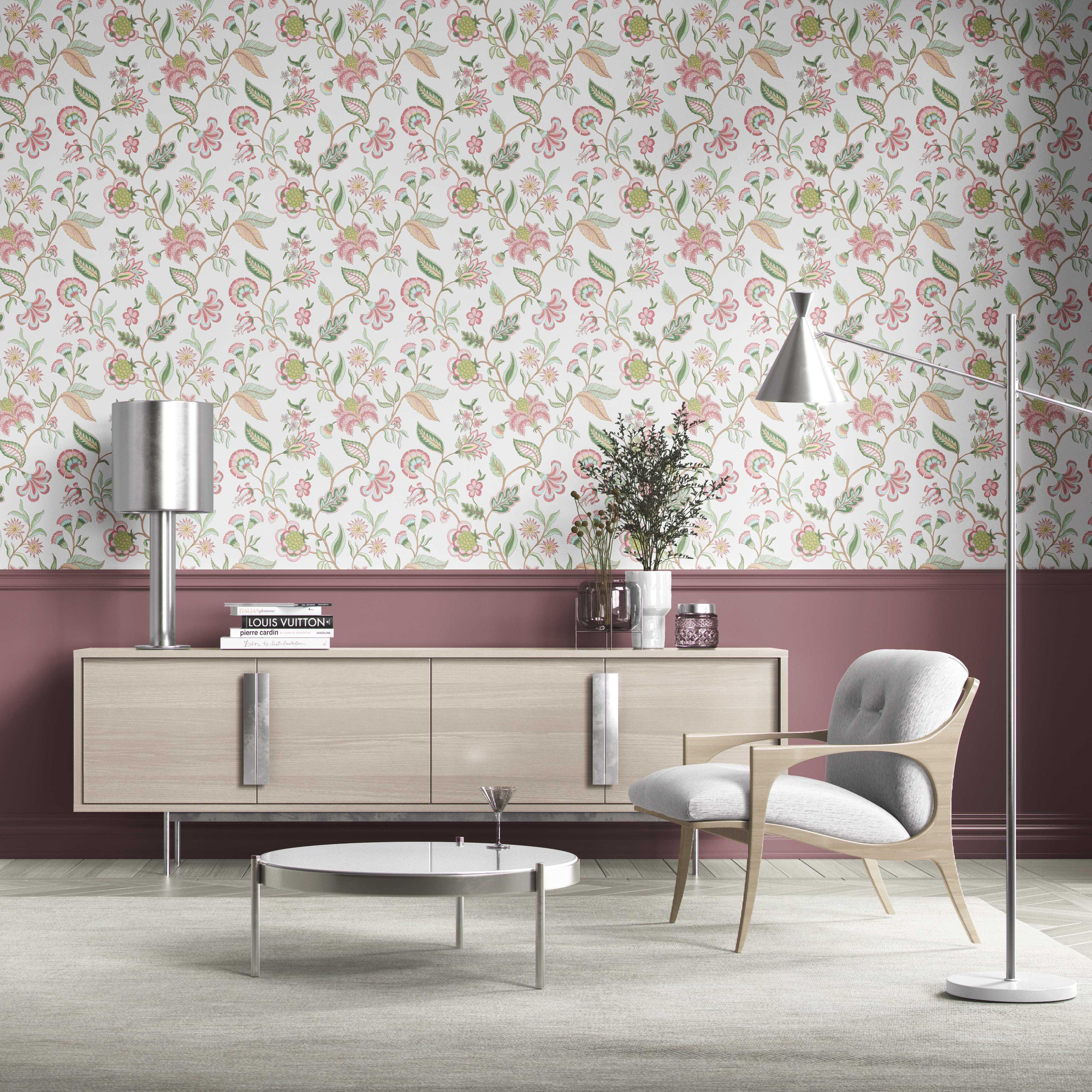 Botanical/ Floral Chinoiserie Kitchen Wallpaper Sample (Pink/ Green/ Blue)