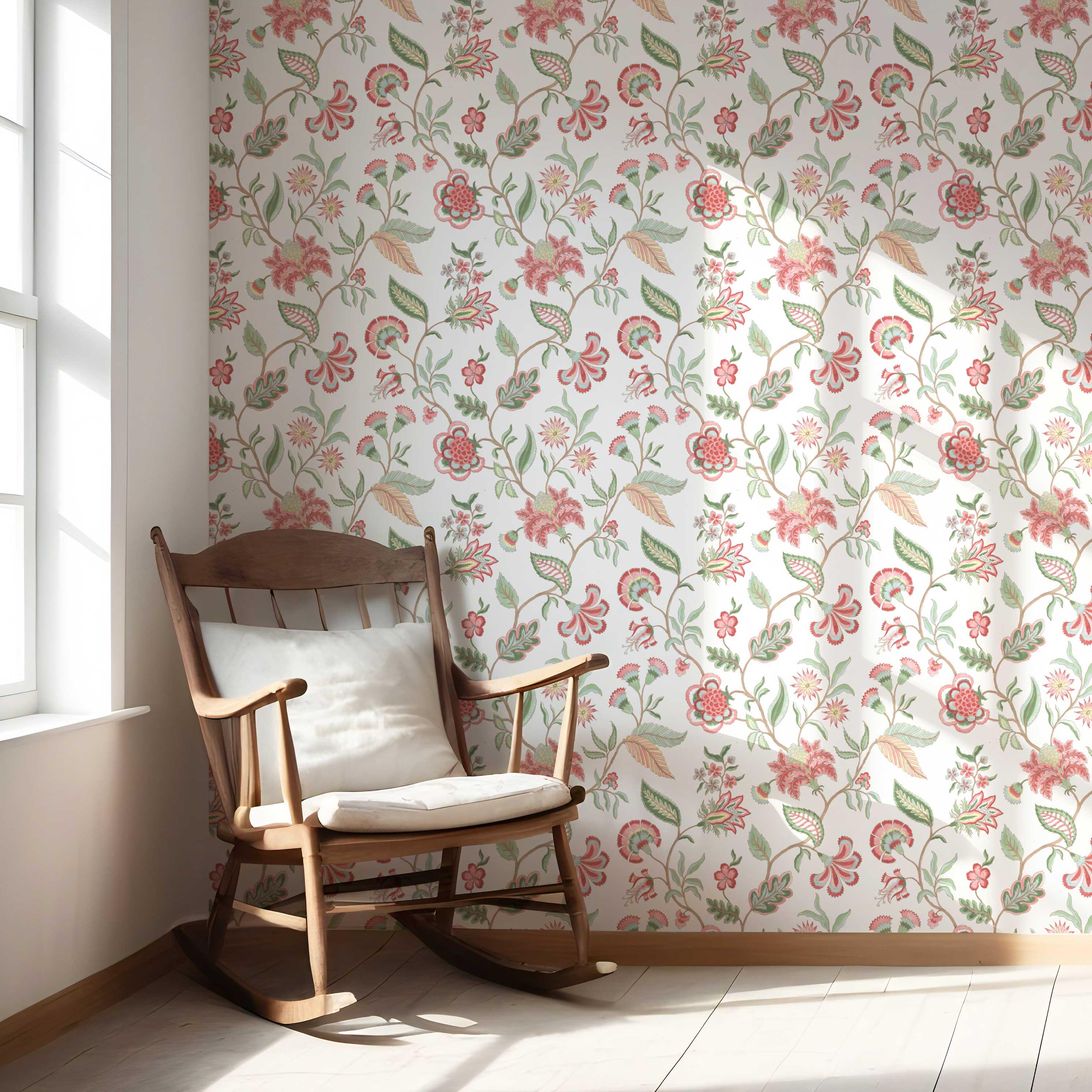 Botanical/ Floral Chinoiserie Nursery Wallpaper Sample (Red/ Pink/ Green/ Blue)
