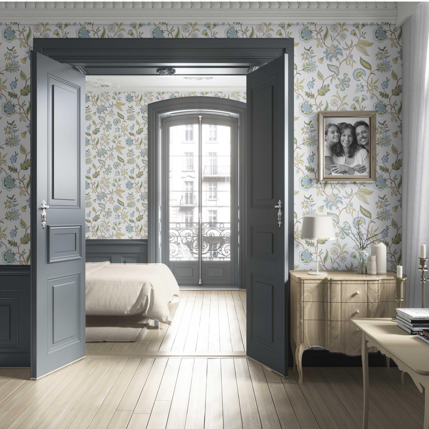 Botanical/ Floral Chinoiserie Living Room Wallpaper Sample (Blue/ Green/ Yellow)