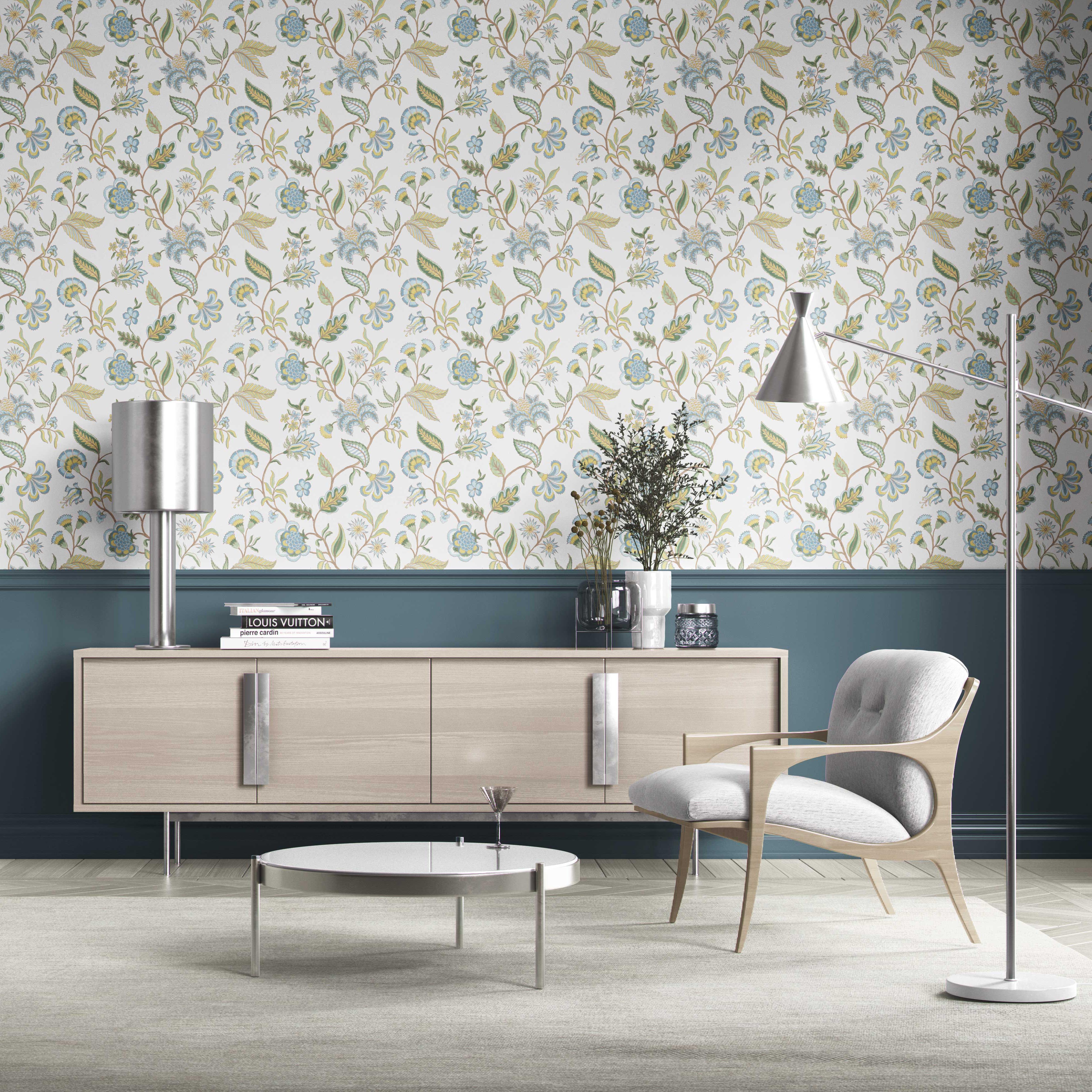 Botanical/ Floral Chinoiserie Kitchen Wallpaper Sample (Blue/ Green/ Yellow)