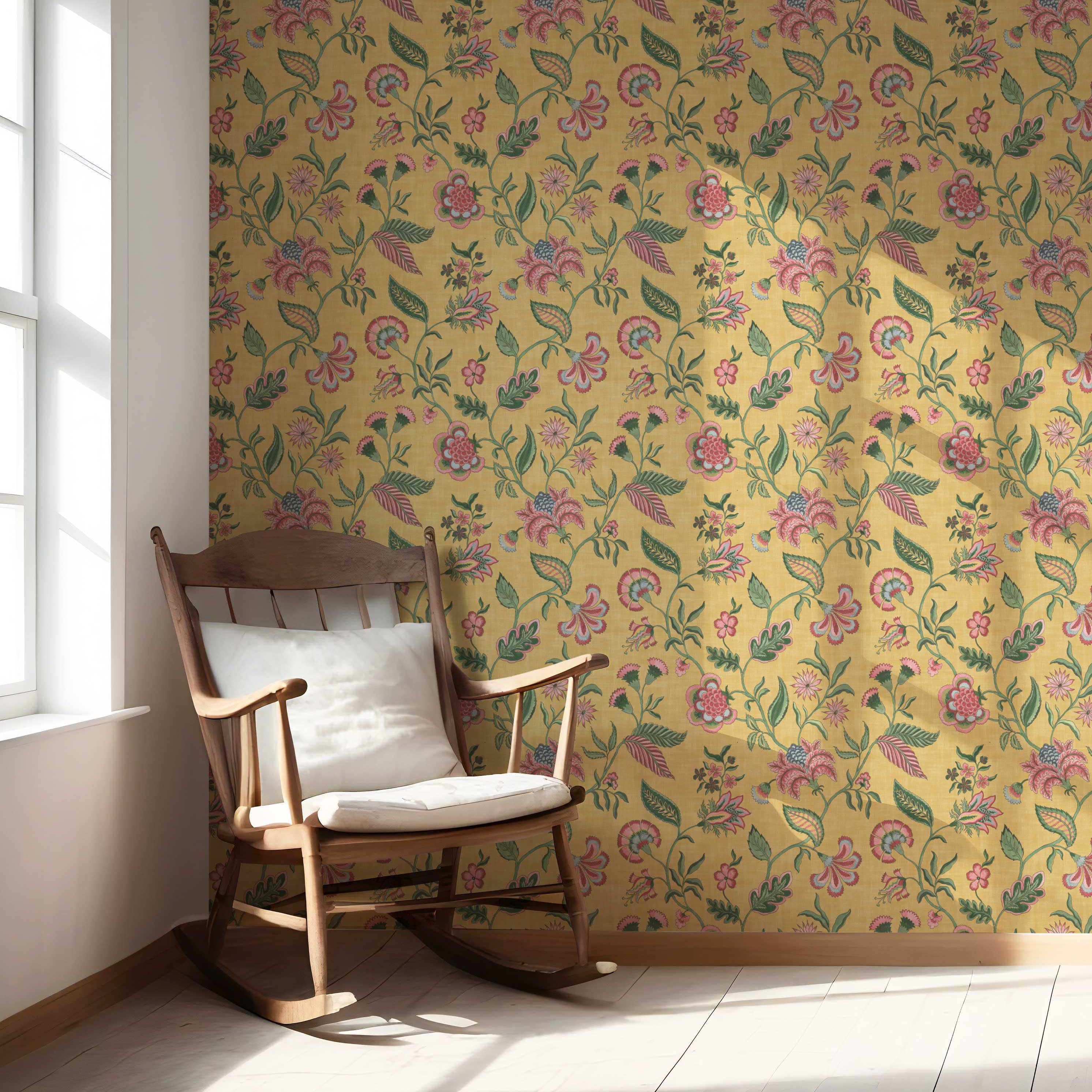 Botanical/ Floral Chinoiserie Nursery Wallpaper Sample (Mustard Yellow/ Pink/ Green/ Blue)