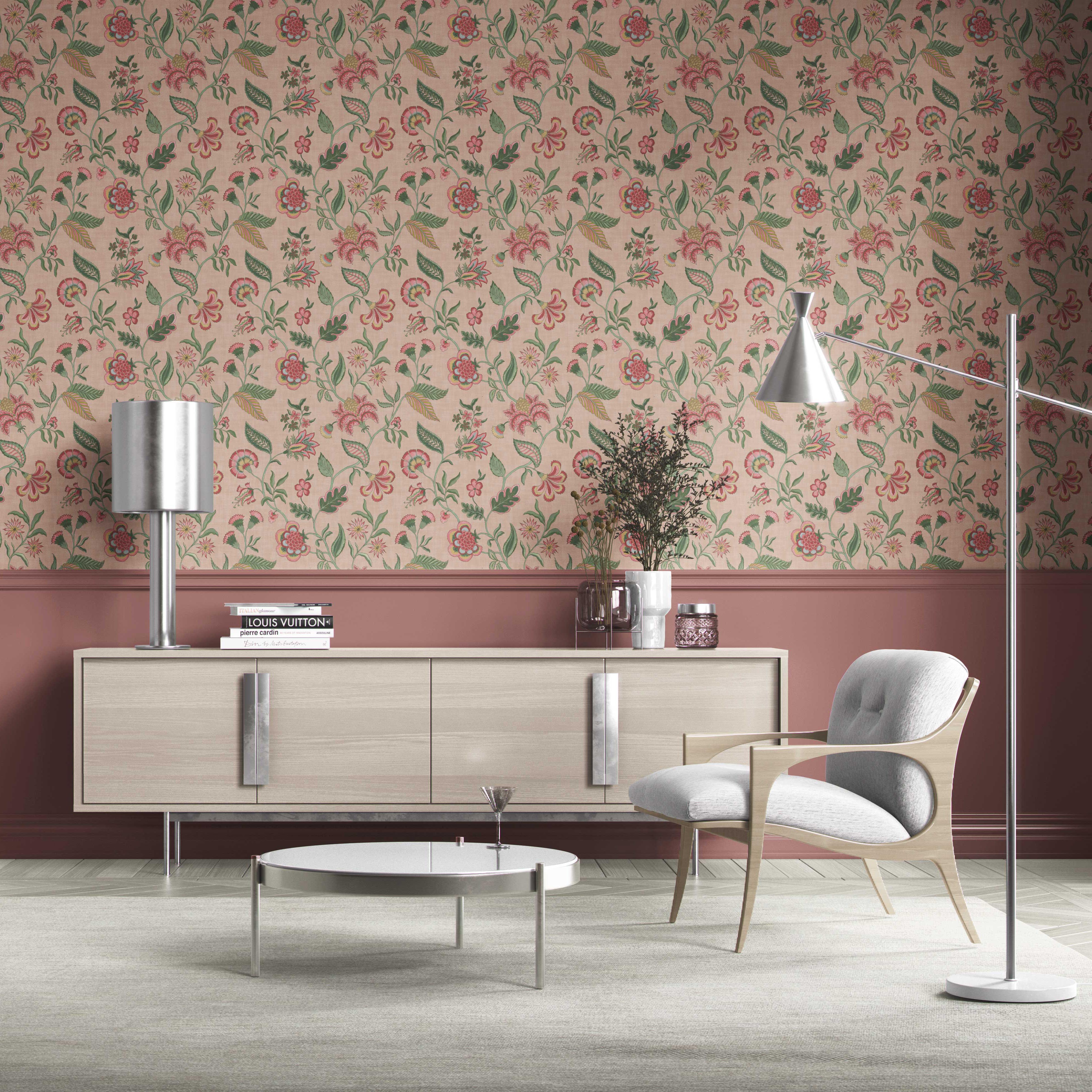 Botanical/ Floral Chinoiserie Kitchen Wallpaper Sample (Blush Pink/ Green/ Red/ Blue)