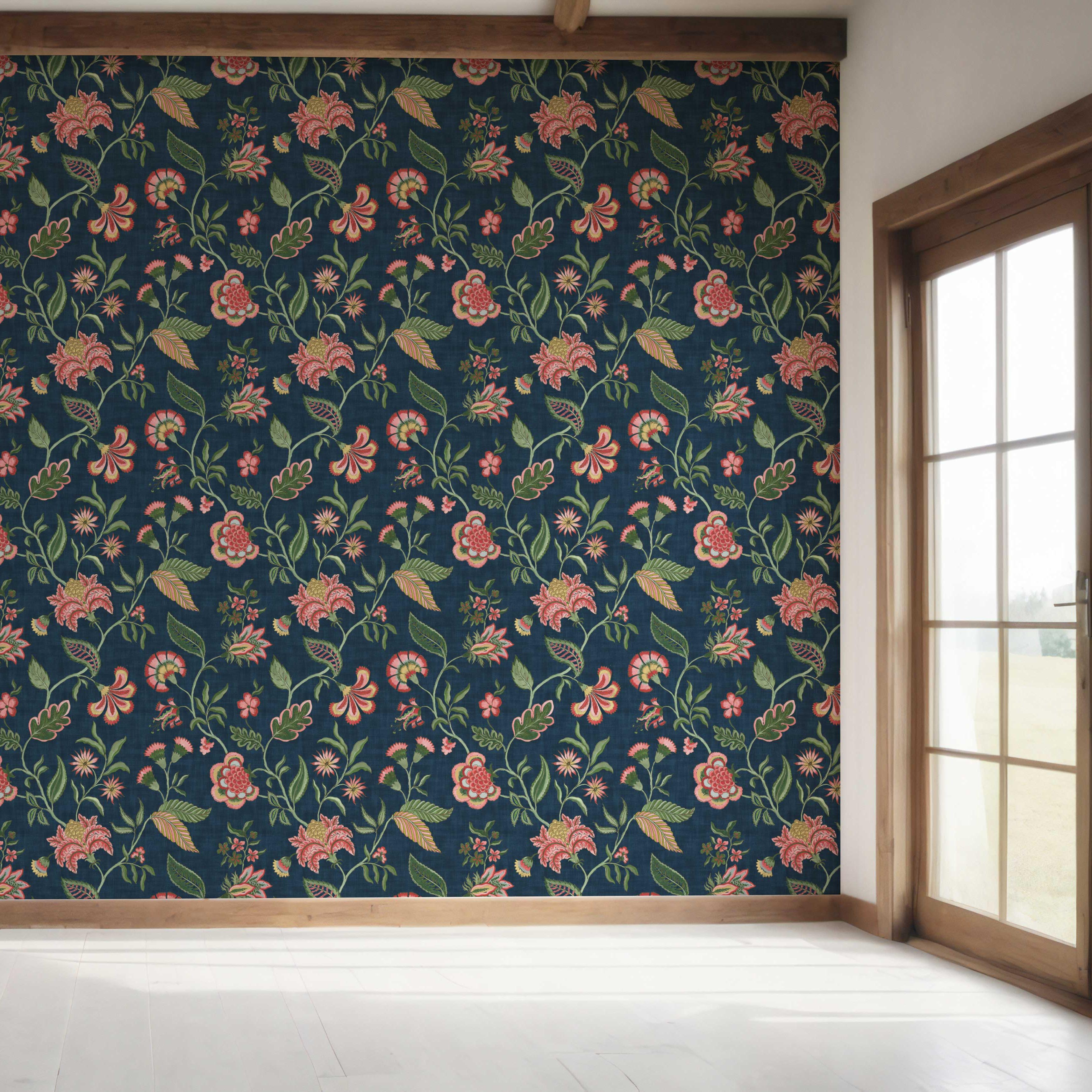 Botanical/ Floral Chinoiserie Bedroom Wallpaper Sample (Navy Blue/ Pink/ Green/ Red)