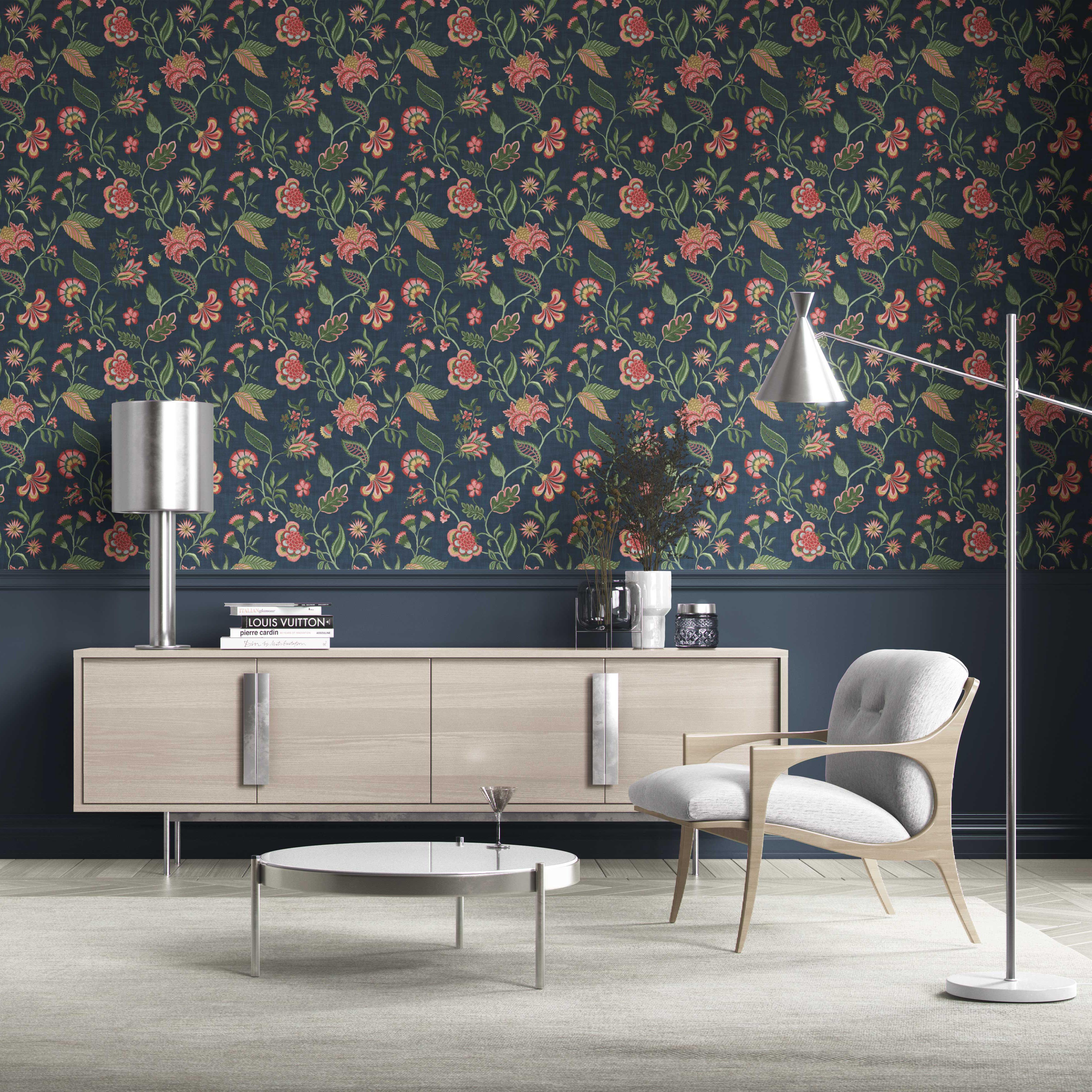Botanical/ Floral Chinoiserie Kitchen Wallpaper Sample (Navy Blue/ Pink/ Green/ Red)
