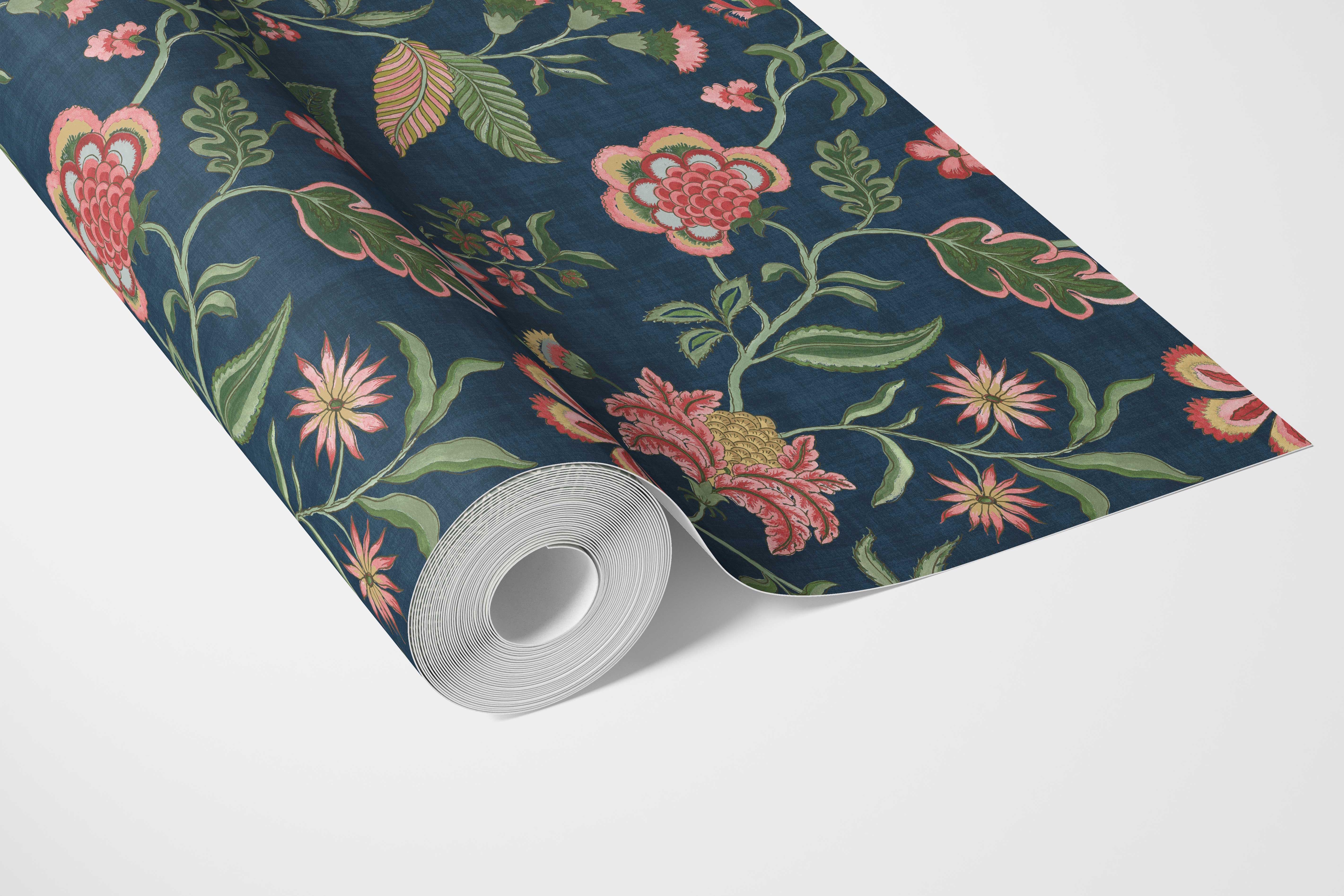 Botanical/ Floral Chinoiserie Bathroom Wallpaper Sample (Navy Blue/ Pink/ Green/ Red)