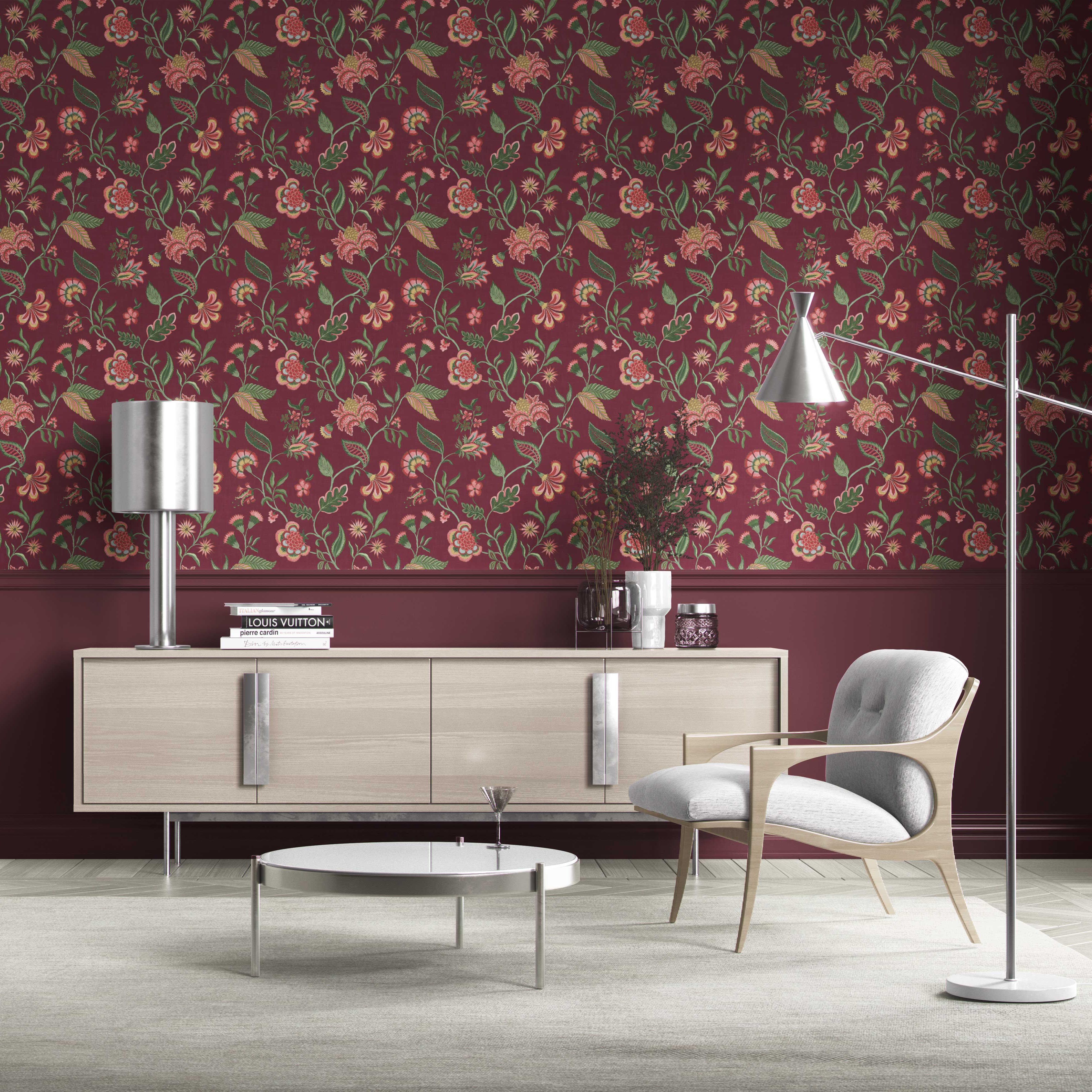Botanical/ Floral Chinoiserie Kitchen Wallpaper Sample (Maroon/ Red/ Pink/ Green)