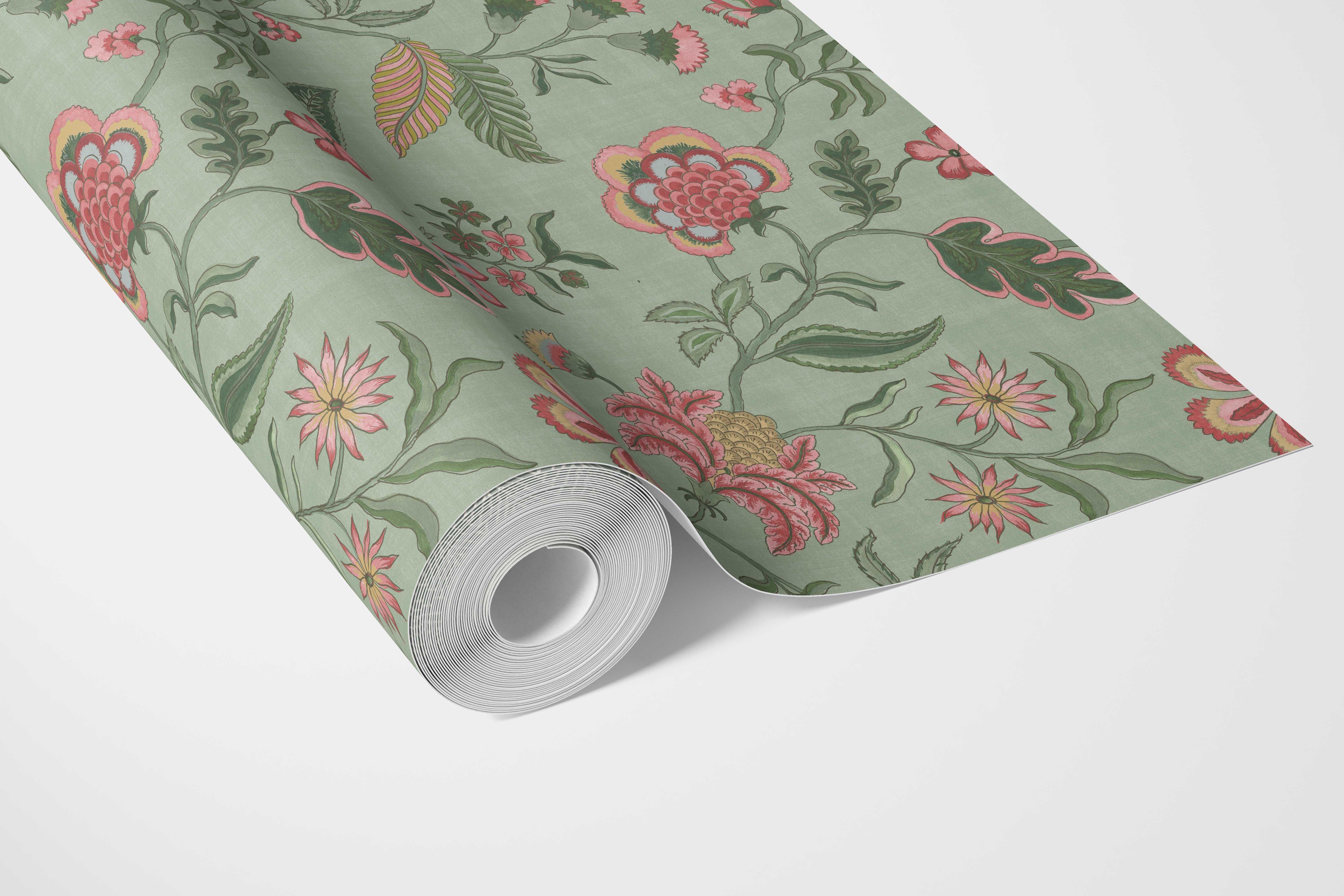 Botanical/ Floral Chinoiserie Bathroom Wallpaper Sample (Sage Green/ Pink/ Red/ Blue)