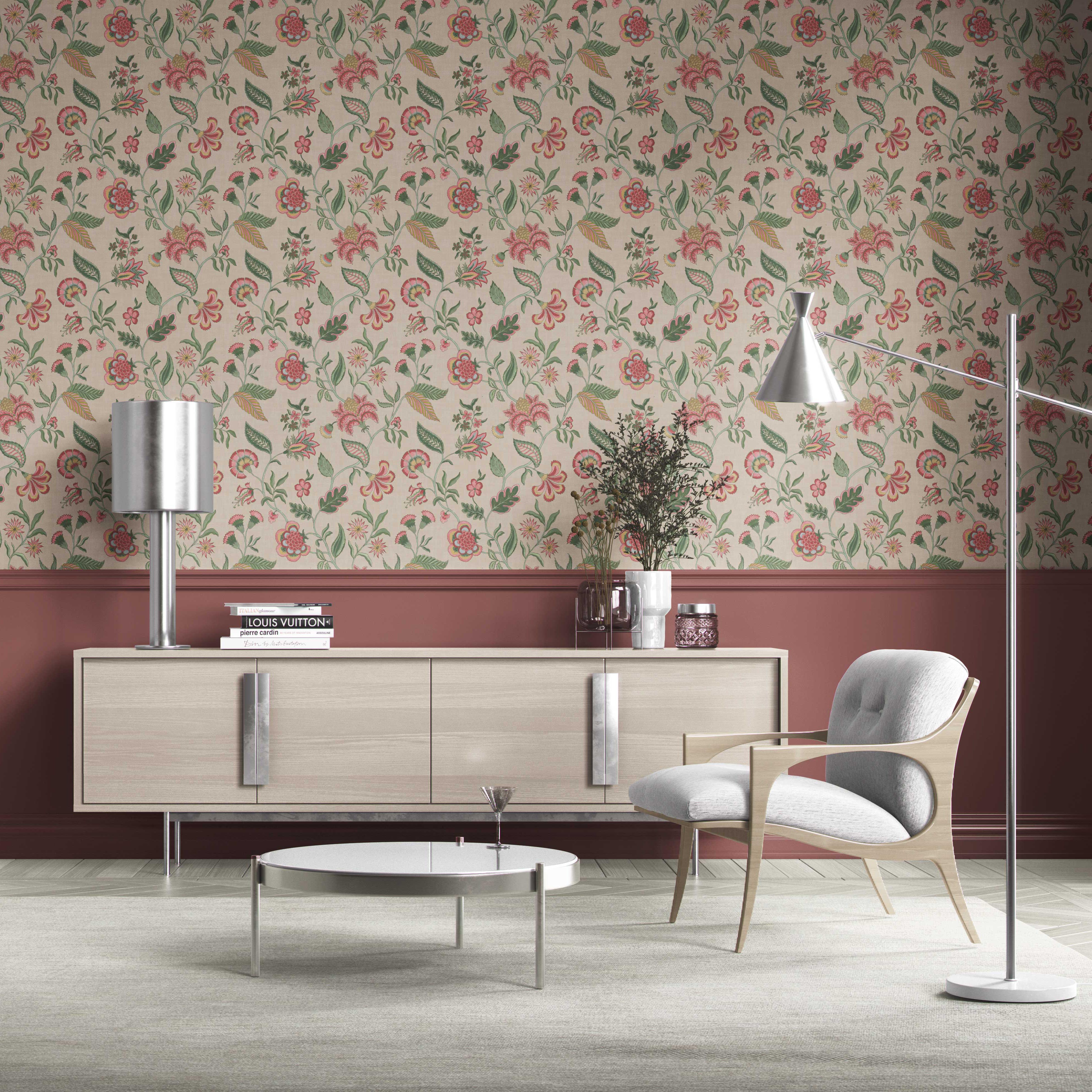 Botanical/ Floral Chinoiserie Kitchen Wallpaper Sample (Soft Pink/ Green/ Red/ Blue)