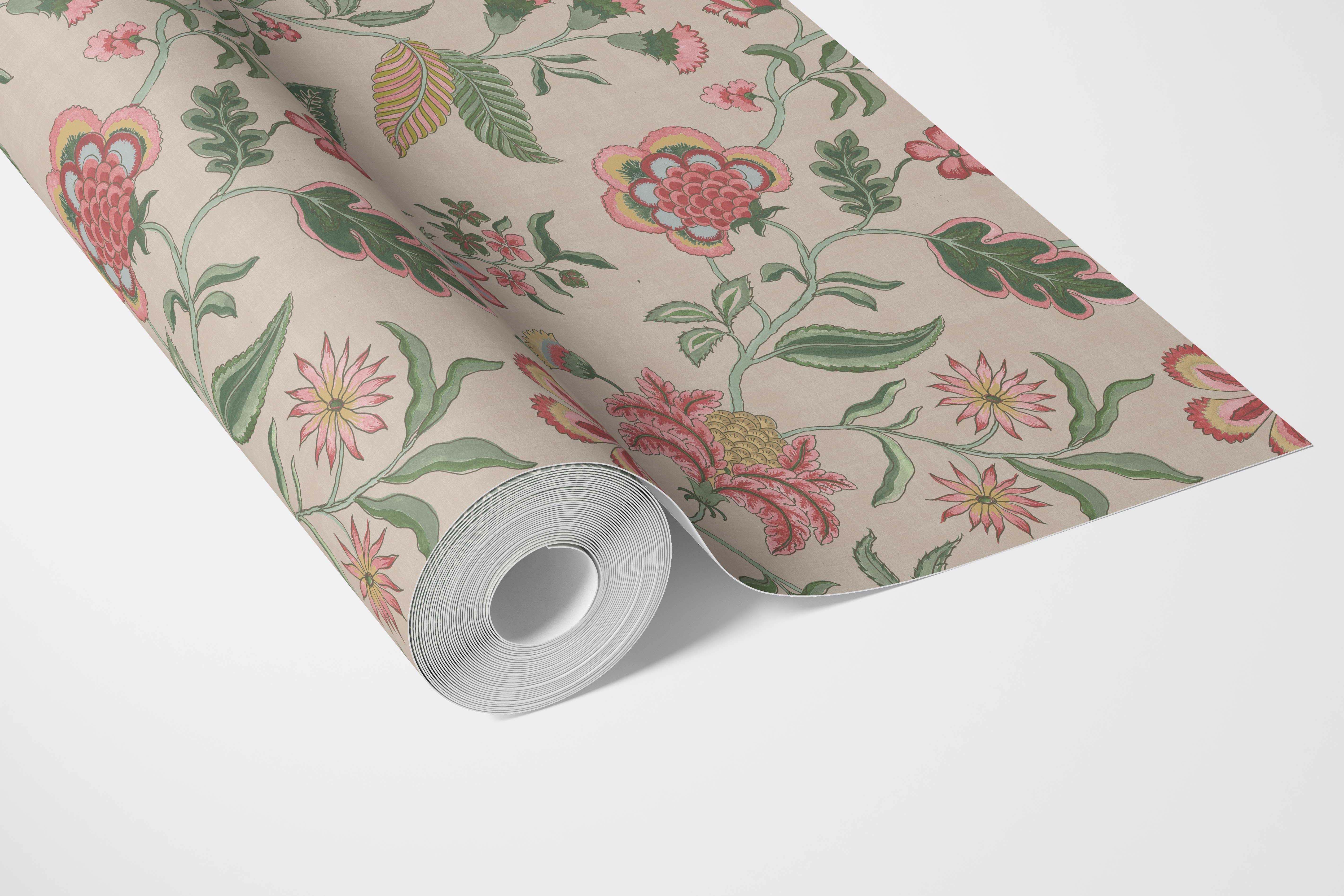 Botanical/ Floral Chinoiserie Bathroom Wallpaper (Soft Pink/ Green/ Red/ Blue)