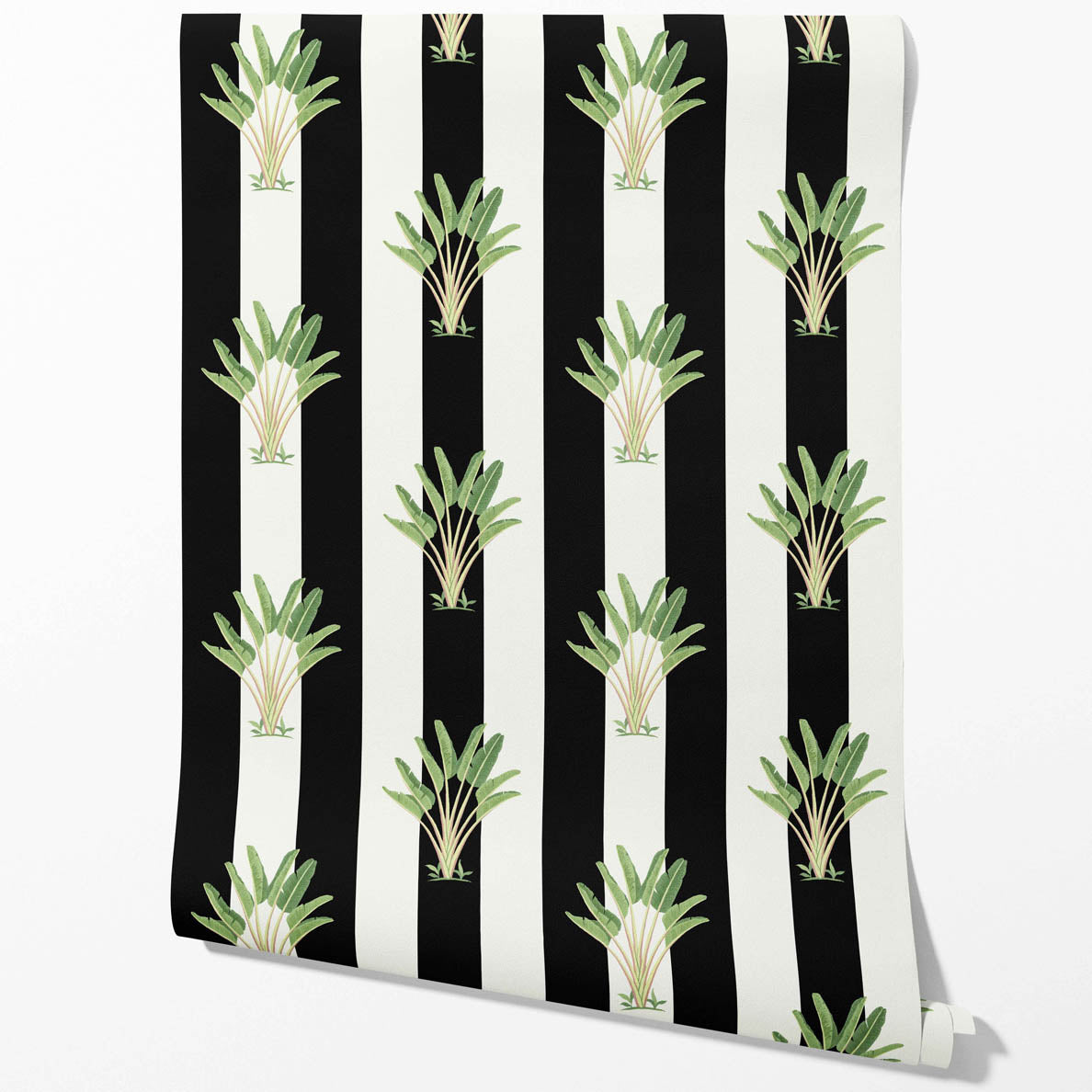 Geometric Floral Striped Kitchen Wallpaper (Black/ White/ Green)