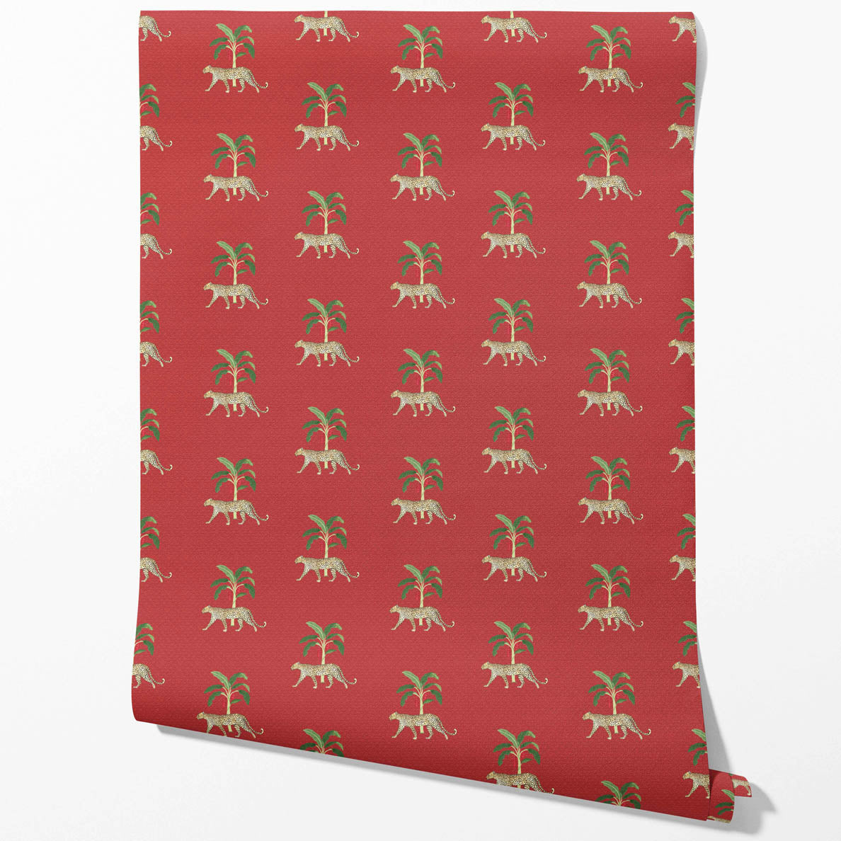 Leopard Animal Print Traditional Wallpaper Sample (Red/ Green/ Tan)
