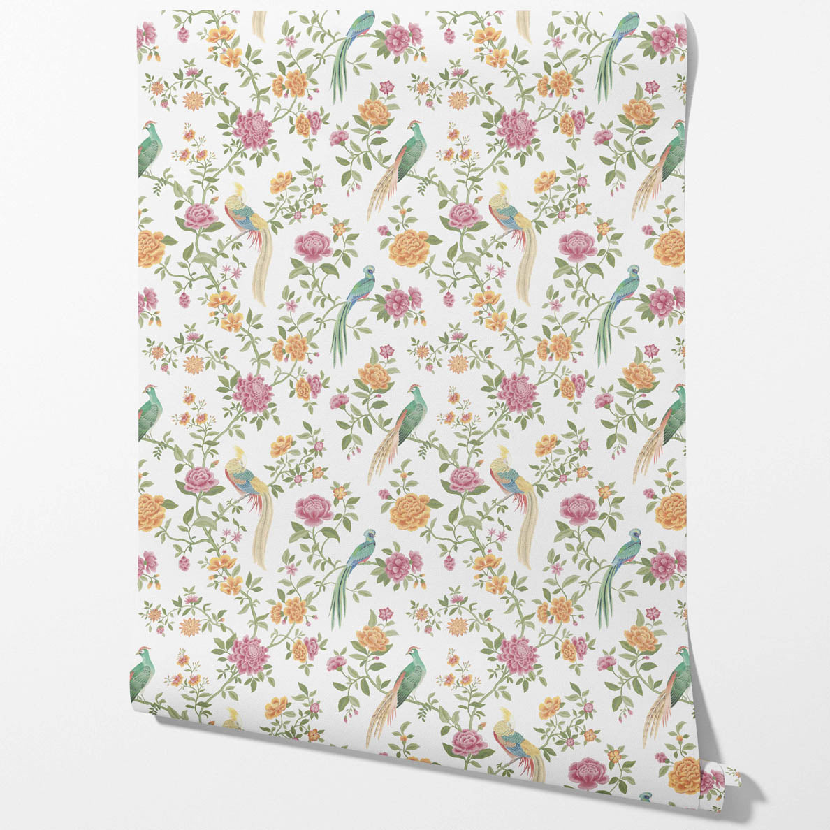 Floral Chinoiserie/ Nature Bird Print Traditional Wallpaper Sample (Pink/ Green/ Yellow)