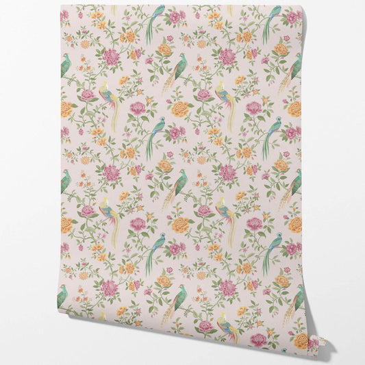 Floral Chinoiserie/ Nature Bird Print Traditional Wallpaper Sample (Blush Pink/ Blue/ Green/ Orange/ Yellow)
