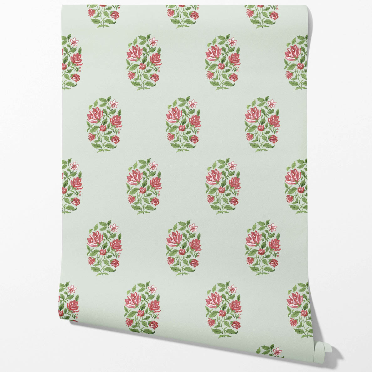 Floral Block Print Kitchen Wallpaper Sample (Mint Green/ Pink-Red)