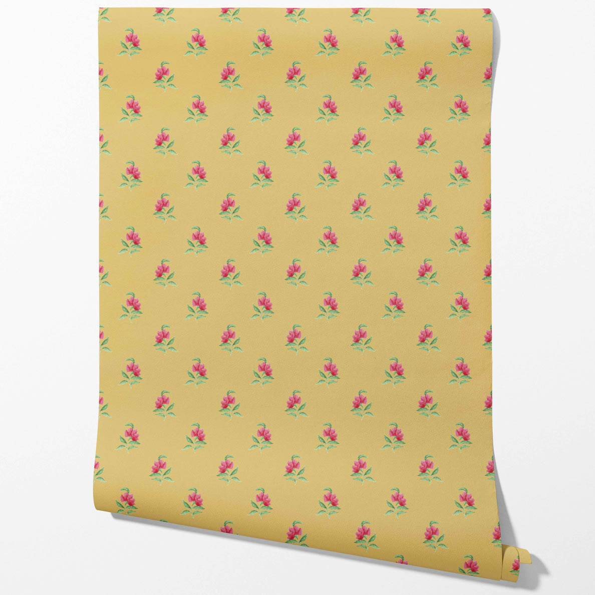 Vintage-Inspired Floral Block Print Traditional Wallpaper Sample (Yellow/ Pink/ Green)