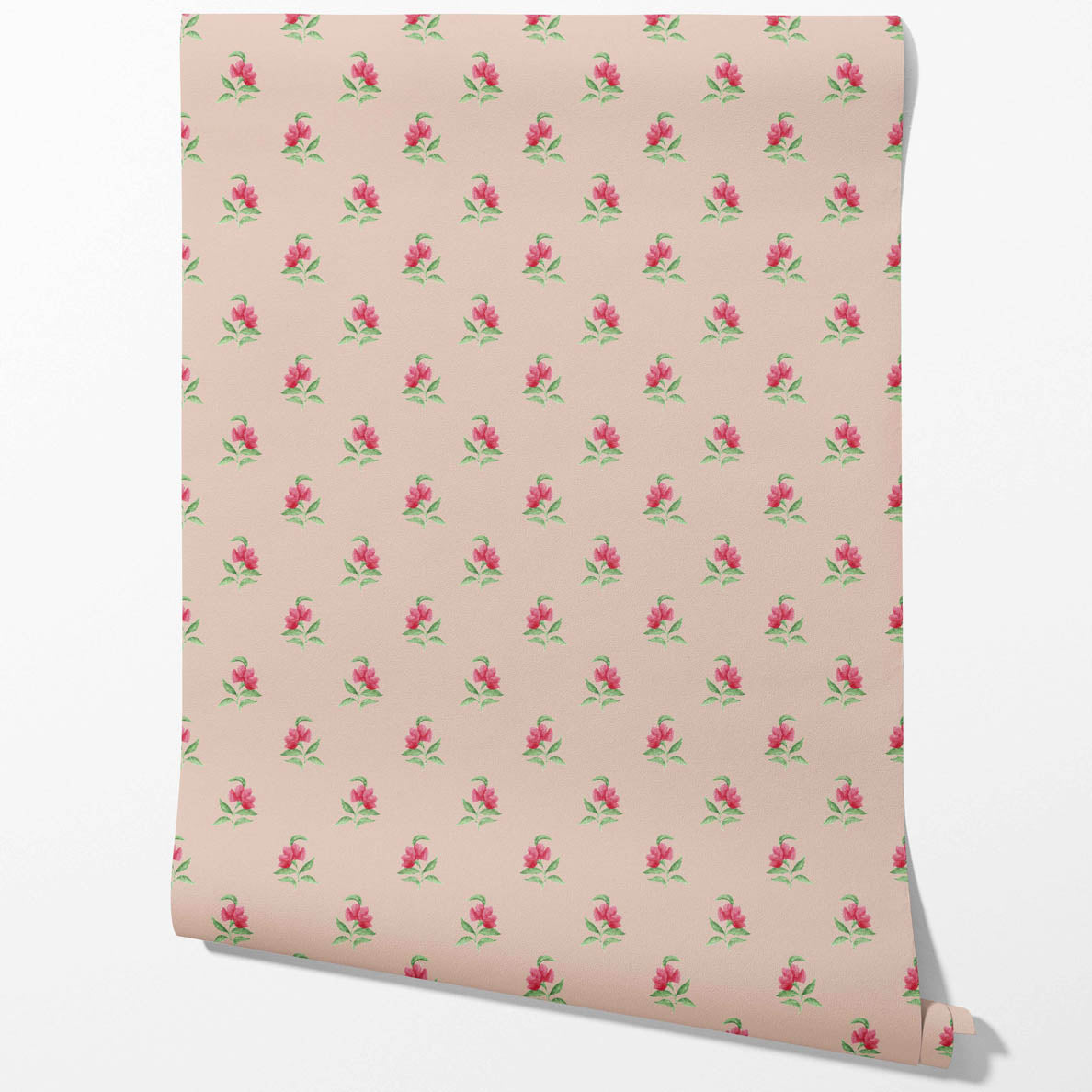 Vintage-Inspired Floral Block Print Traditional Wallpaper (Pink/ Green)
