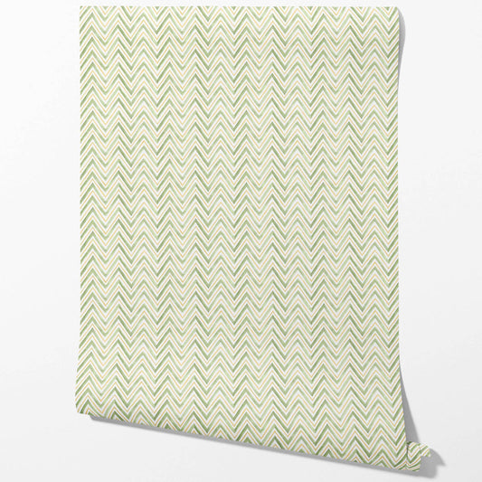 Geometric Zigzag/ Chevron Traditional Wallpaper Sample (Green/ Yellow)