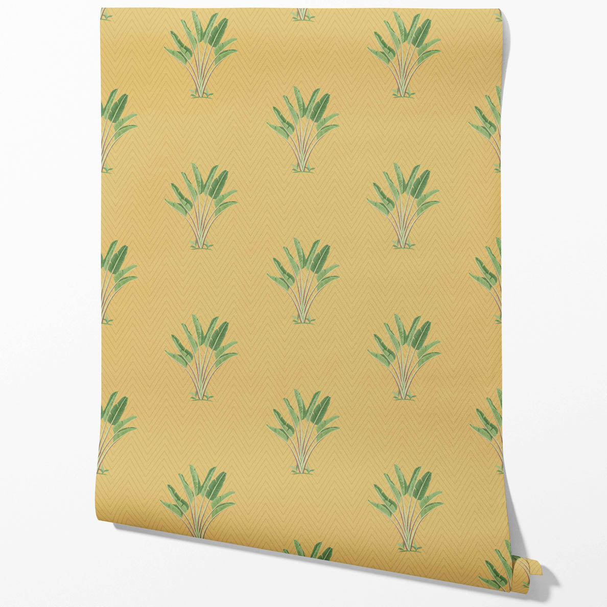 Botanical/ Floral Block Print Kitchen Wallpaper Sample (Mustard Yellow/ Green)