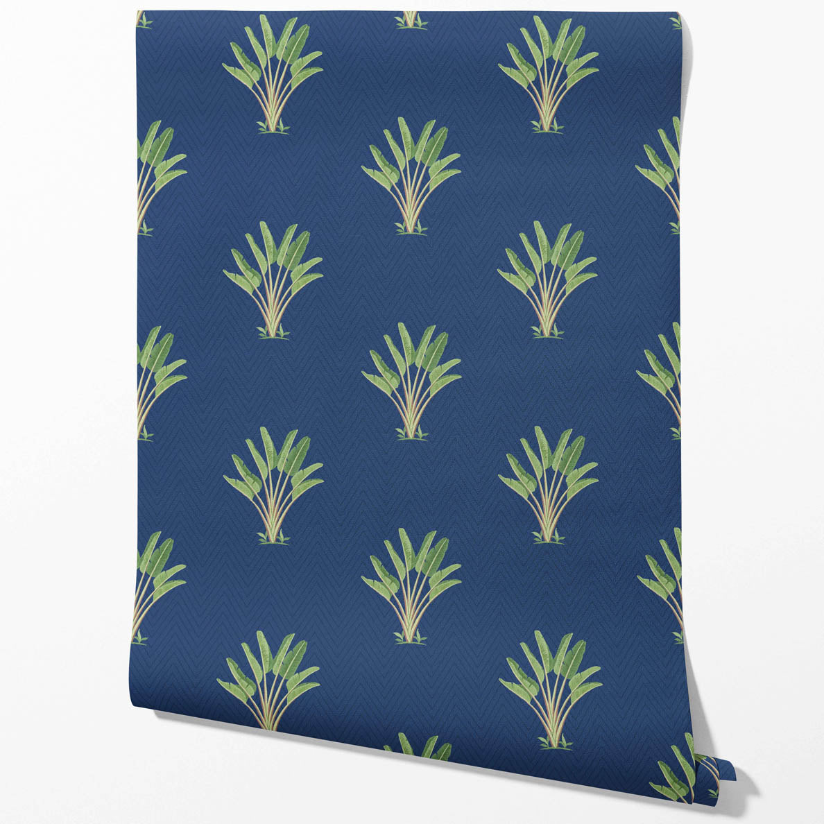 Botanical/ Floral Block Print Kitchen Wallpaper Sample (Midnight Blue/ Green)