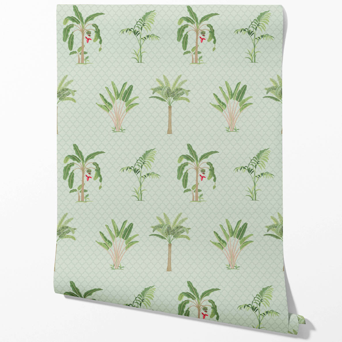 Botanical/ Floral Block Print Kitchen Wallpaper Sample (Mint Green/ Red)