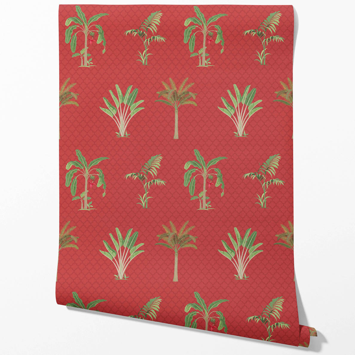 Botanical/ Floral Block Print Kitchen Wallpaper Sample (Red-Orange Green)