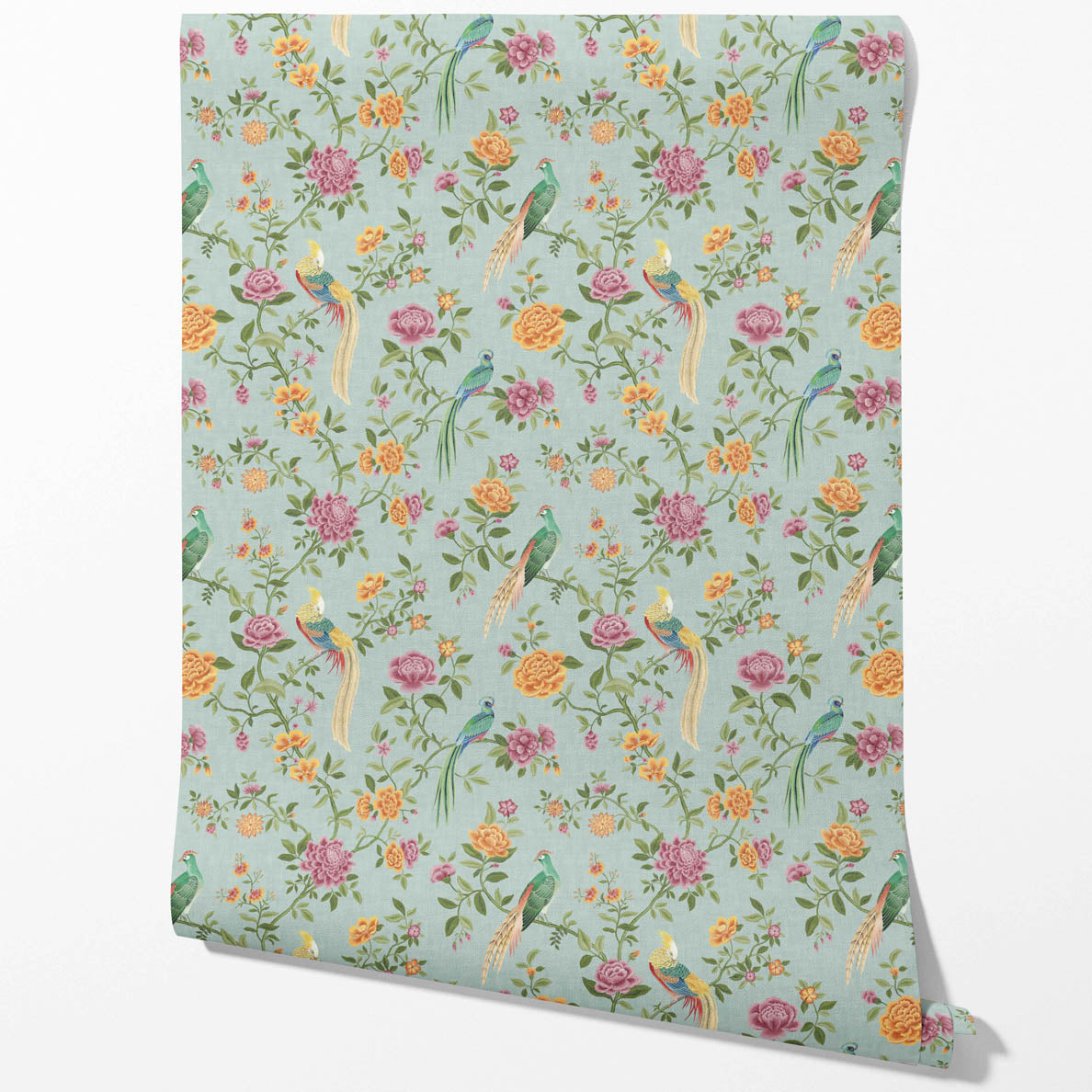 Floral Chinoiserie/ Nature Bird Print Traditional Wallpaper Sample (Blue/ Pink/ Green/ Yellow/ Orange)