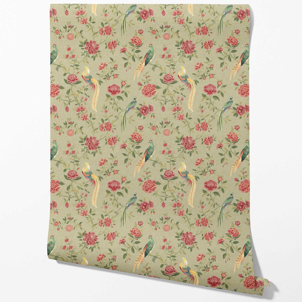 Floral Chinoiserie/ Nature Bird Print Traditional Wallpaper Sample (Olive Green/ Red/ Yellow)