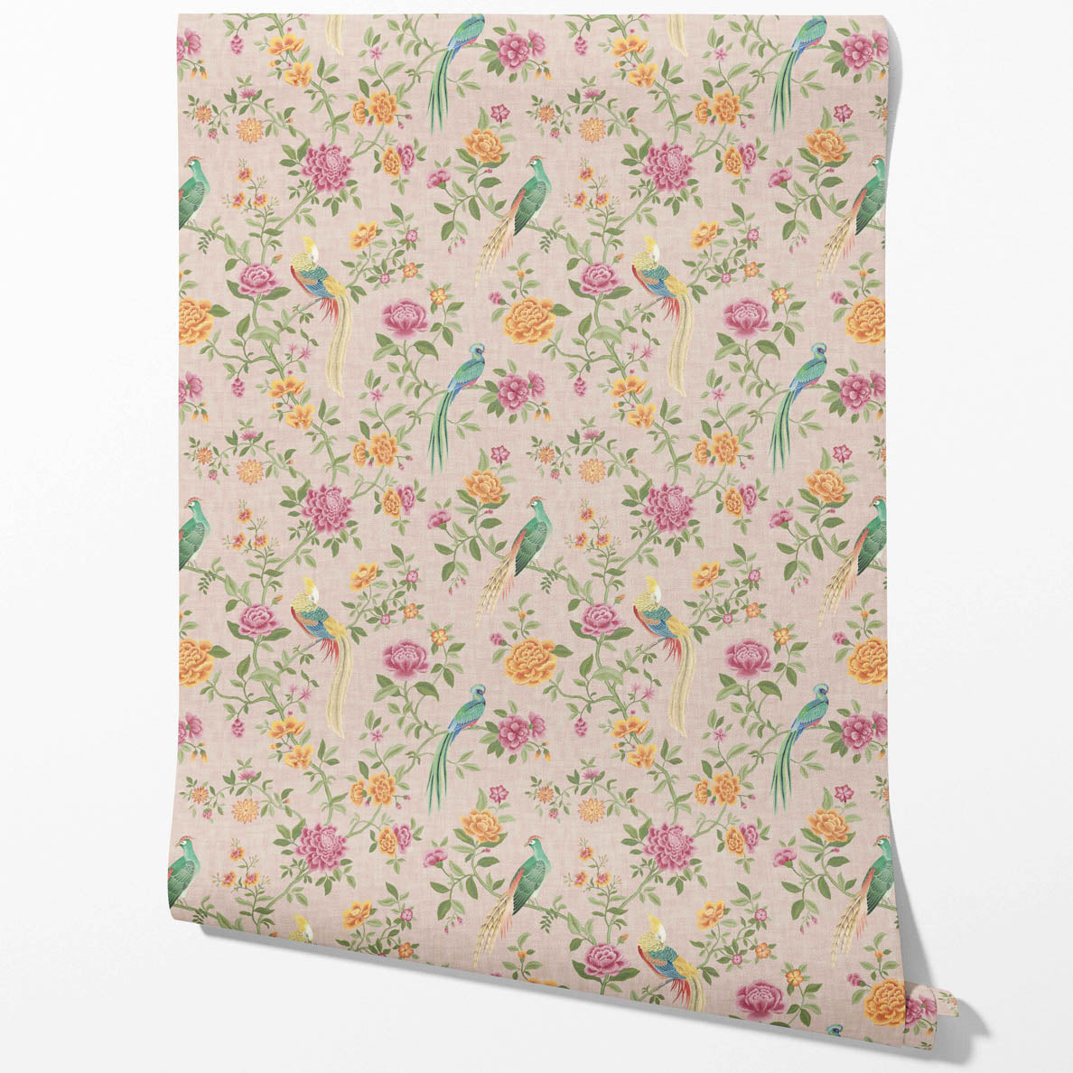 Floral Chinoiserie/ Nature Bird Print Traditional Wallpaper (Pale Pink/ Green/ Blue/ Orange/ Yellow)