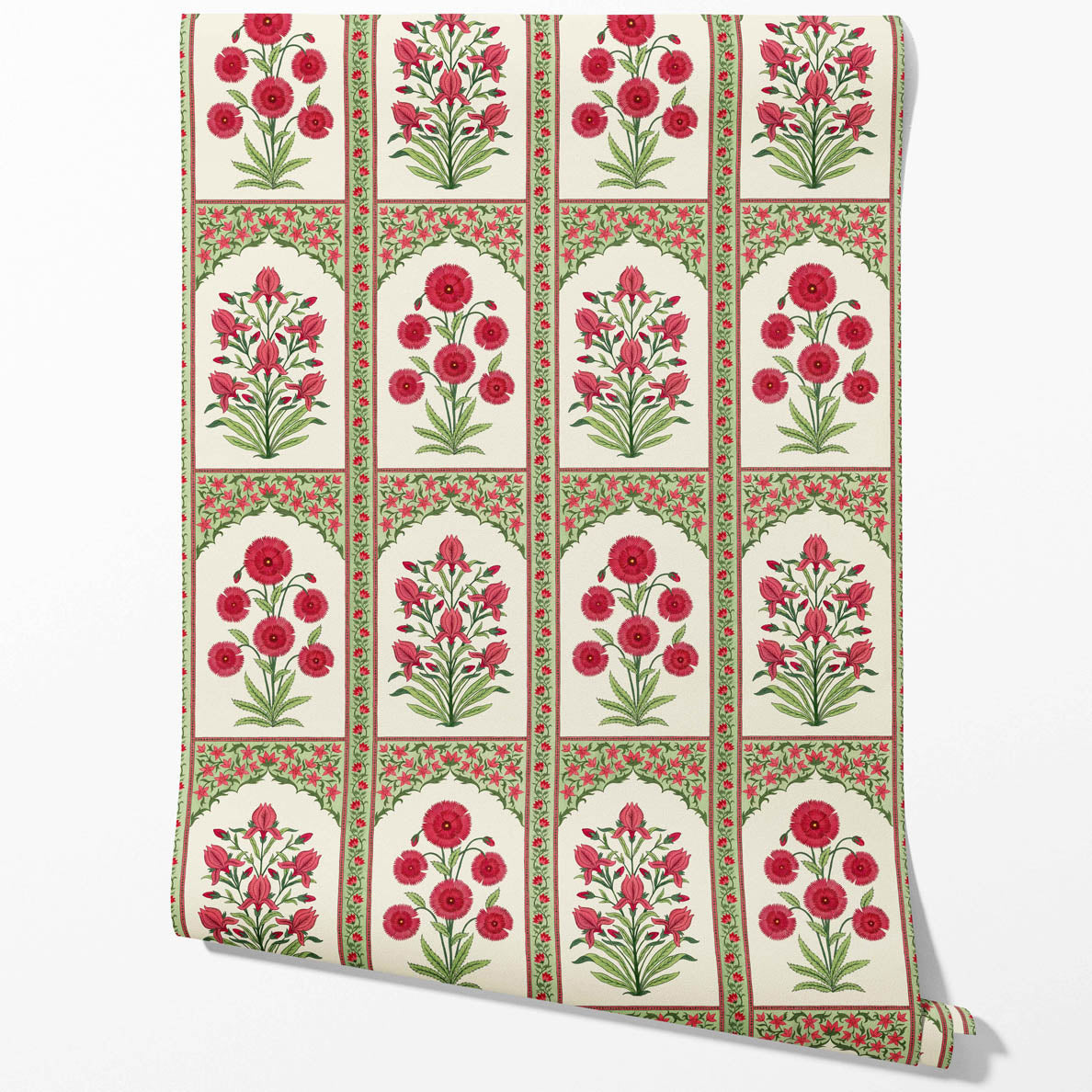 Vintage Ethnic Floral Block Print Kitchen Wallpaper Sample (Red/ Pink/ Green)