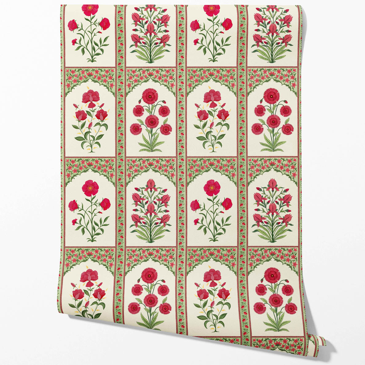 Vintage Ethnic Floral Block Print Kitchen Wallpaper Sample (Red/ Pink/ Green)