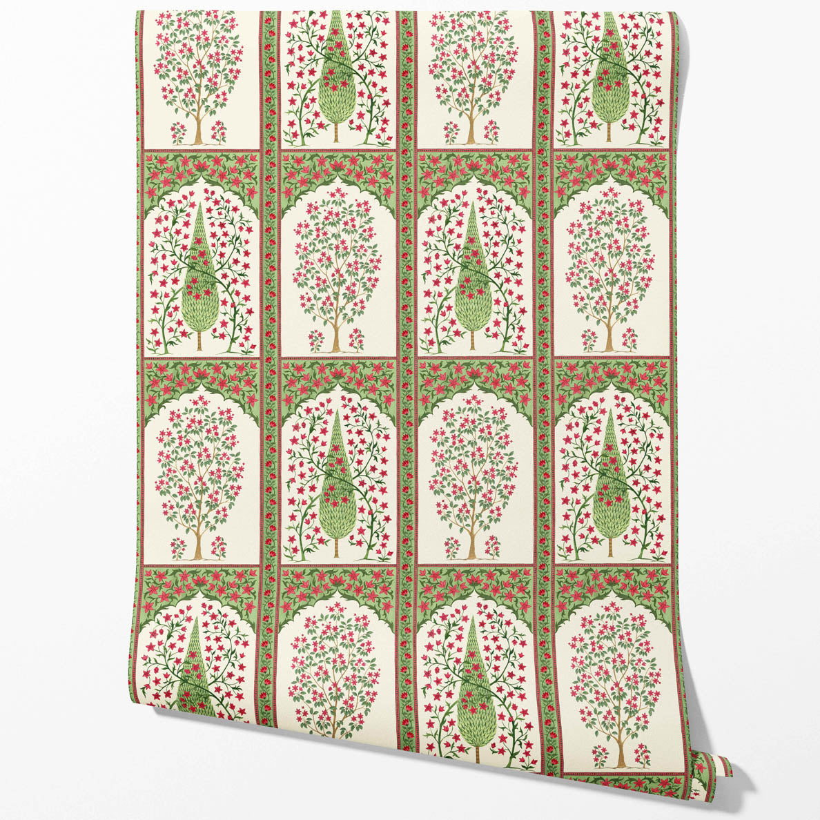 Vintage Ethnic Floral Block Print Kitchen Wallpaper Sample (Pink/ Red/ Green)