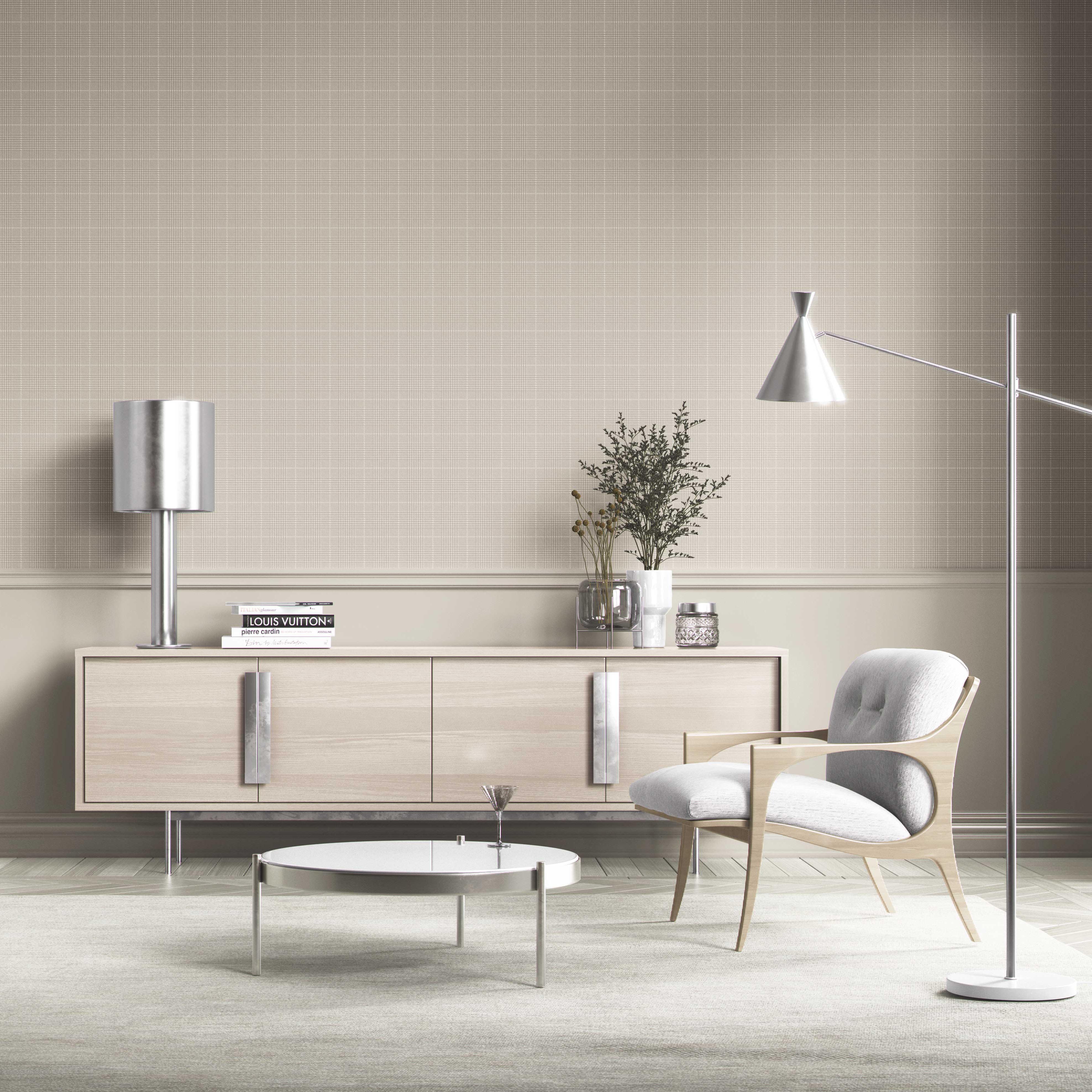 Neutral Textured Check/ Geometric Kitchen Wallpaper Sample (Greige/ Taupe)