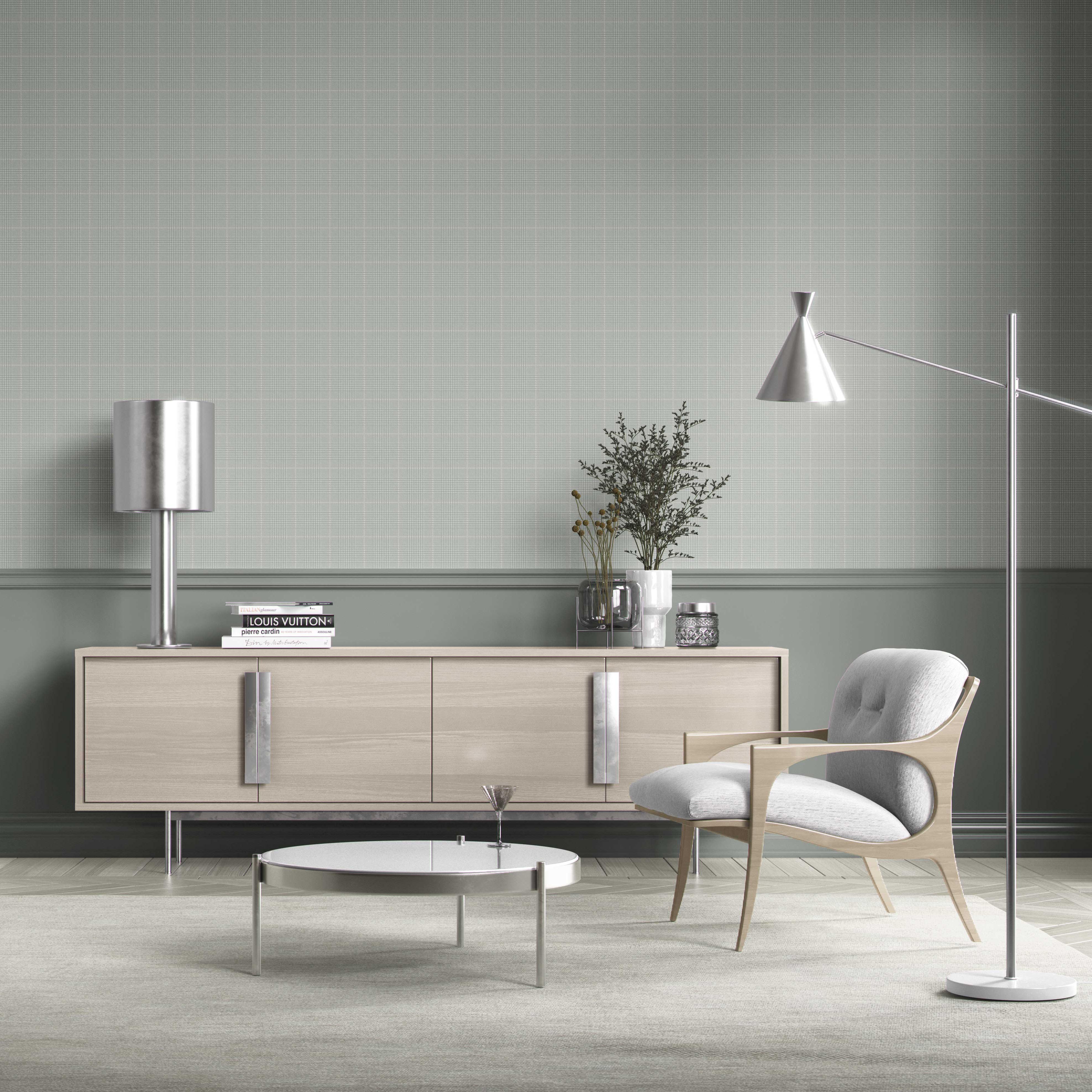 Neutral Textured Check/ Geometric Kitchen Wallpaper Sample (Sage Gray)