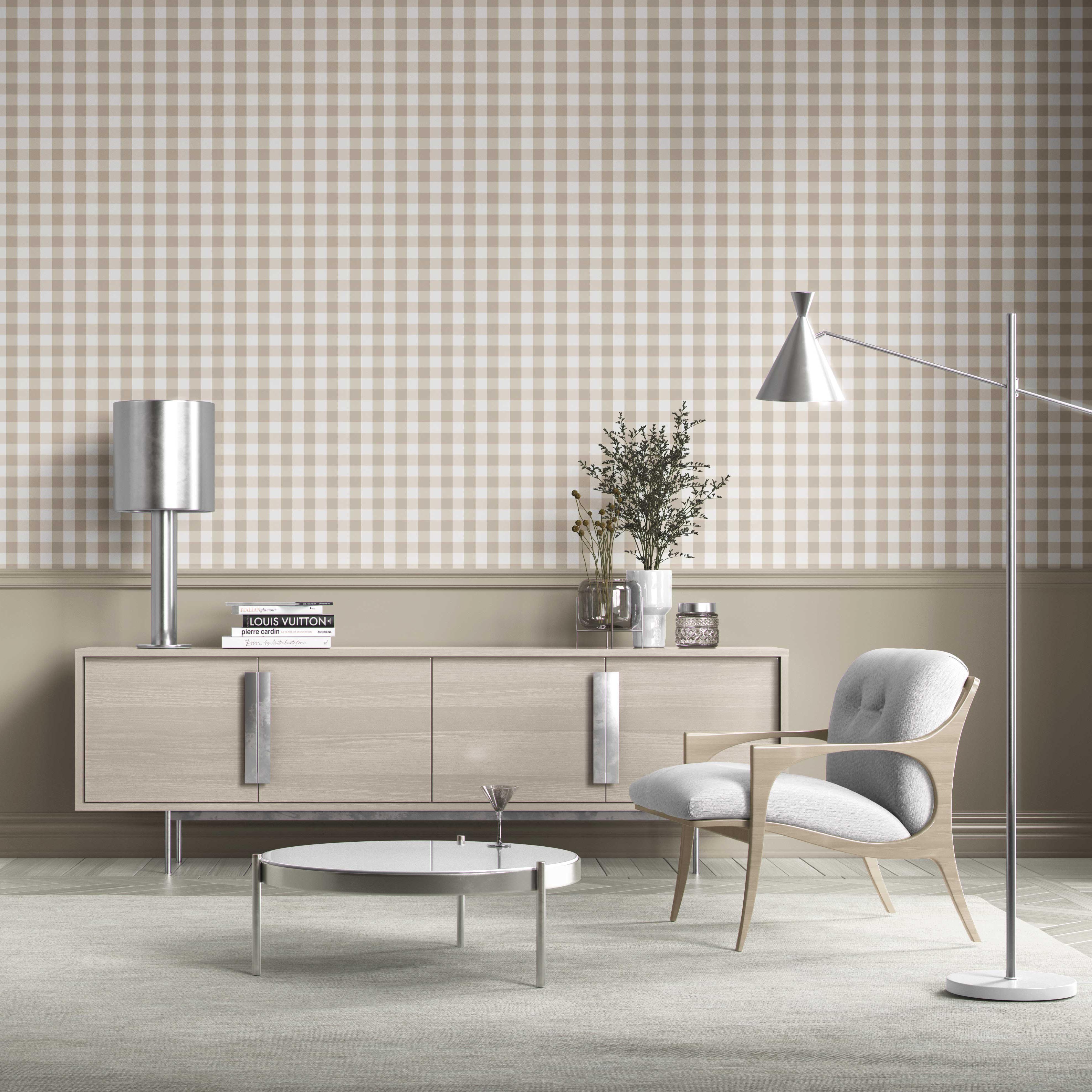 Neutral Geometric Gingham Kitchen Wallpaper Sample (Warm Beige)