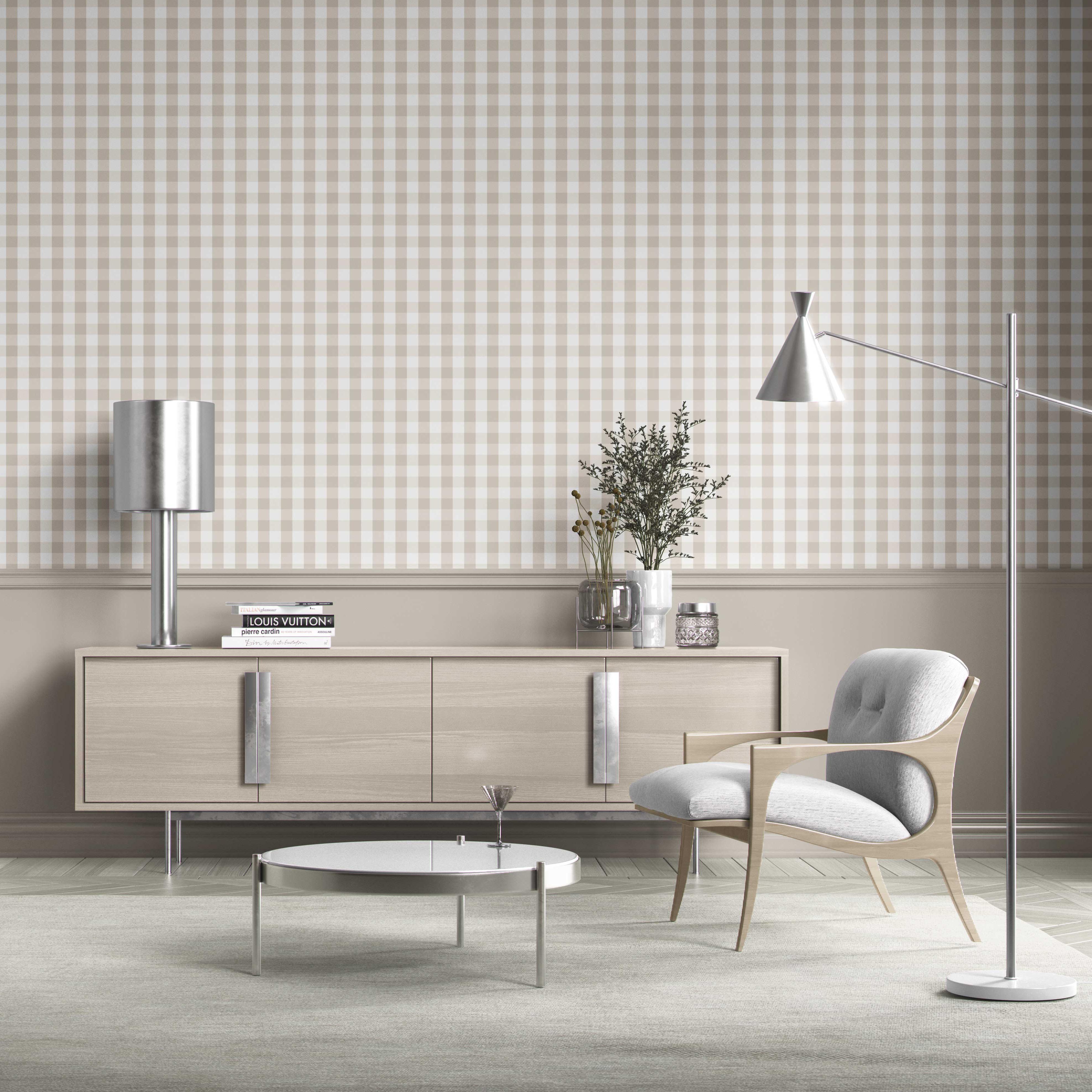 Neutral Geometric Gingham Kitchen Wallpaper (Soft Taupe)