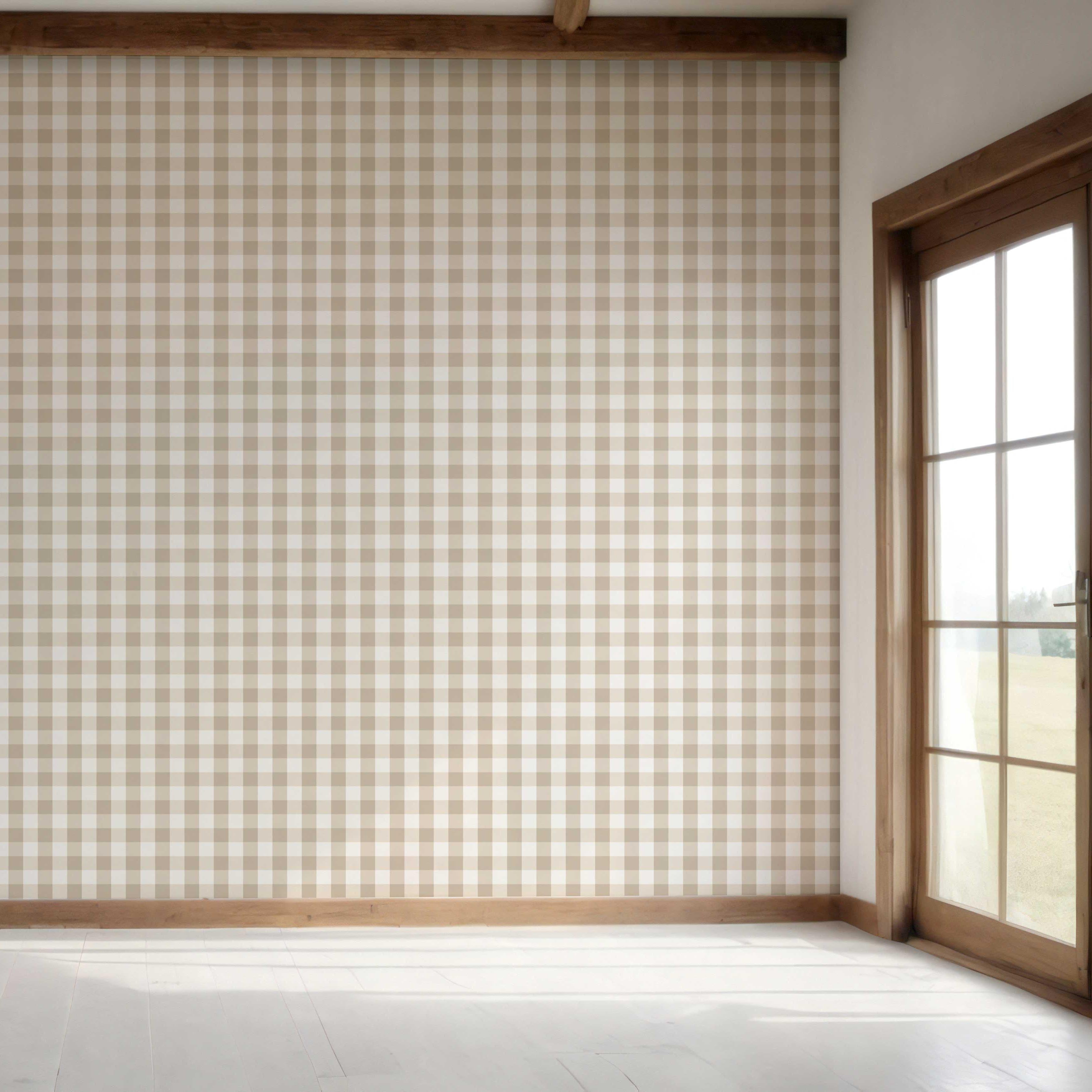 Neutral Geometric Gingham Bedroom Wallpaper Sample (Soft Taupe)
