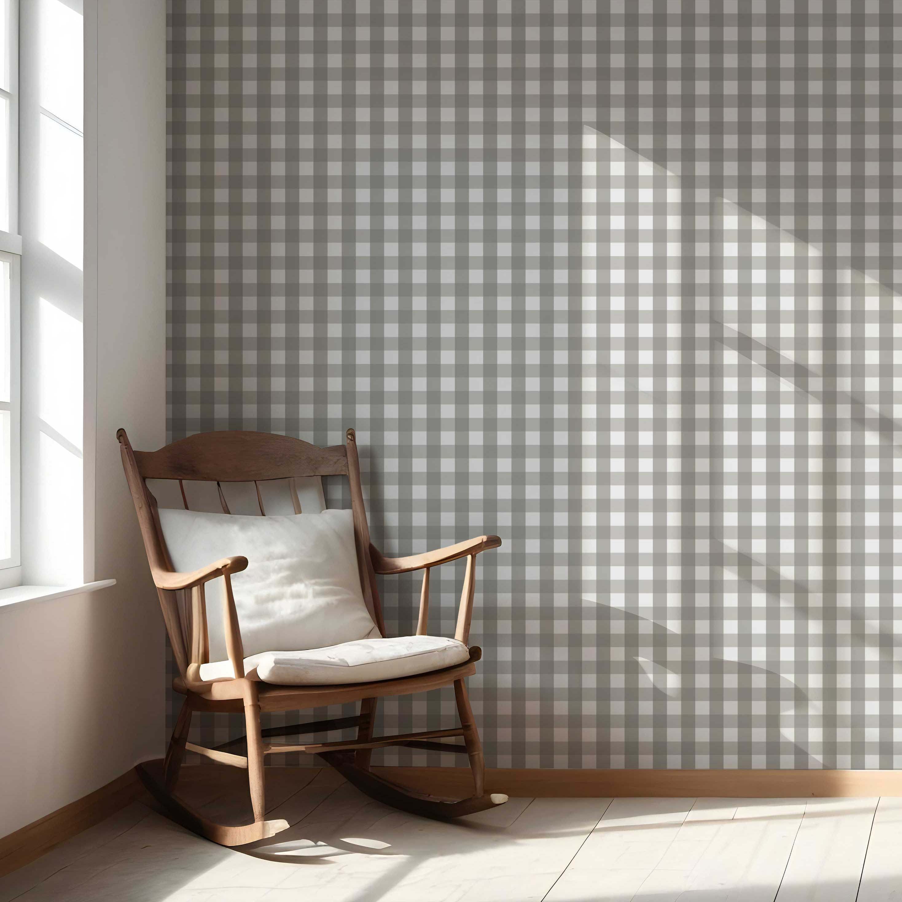 Neutral Geometric Gingham Nursery Wallpaper (Stone Gray)