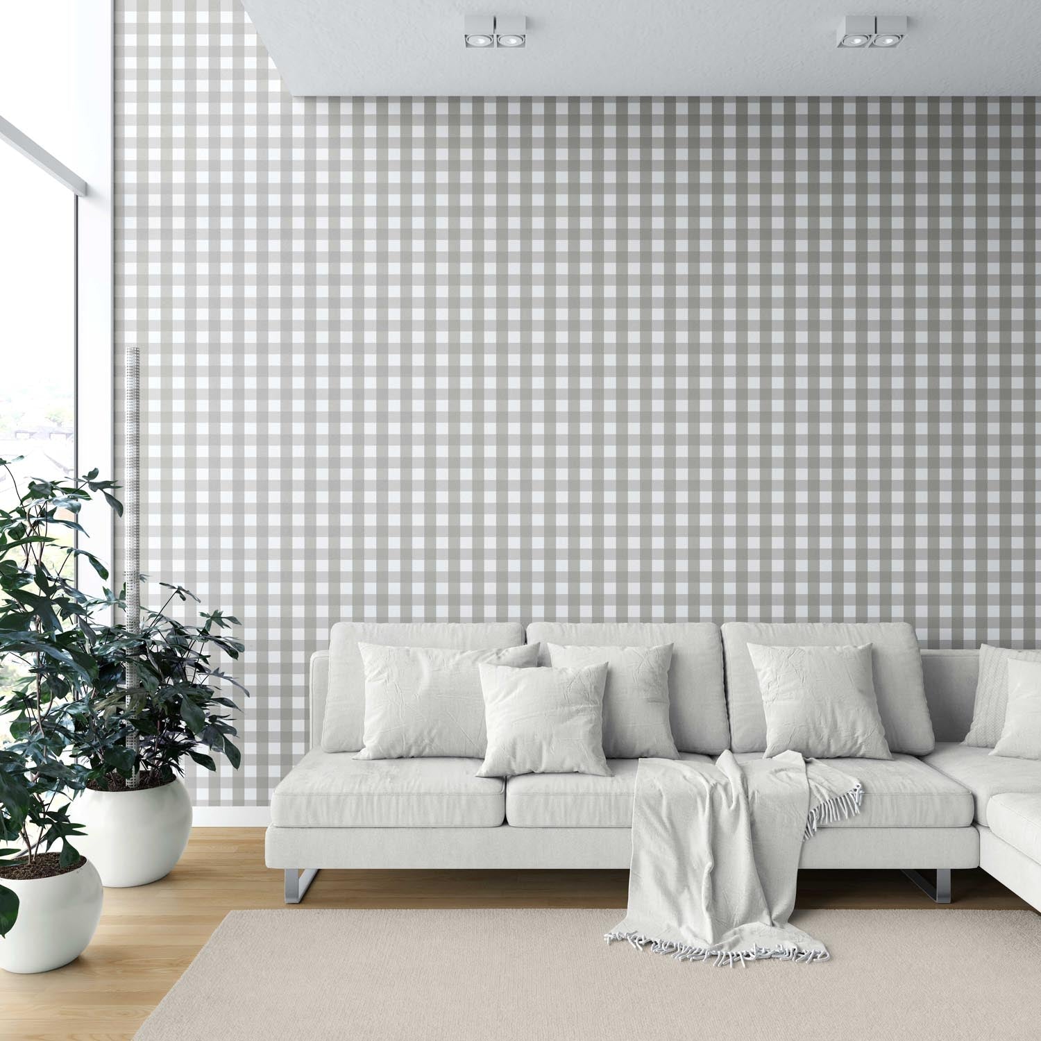 Neutral Geometric Gingham Shower Toilet Wallpaper (Stone Gray)