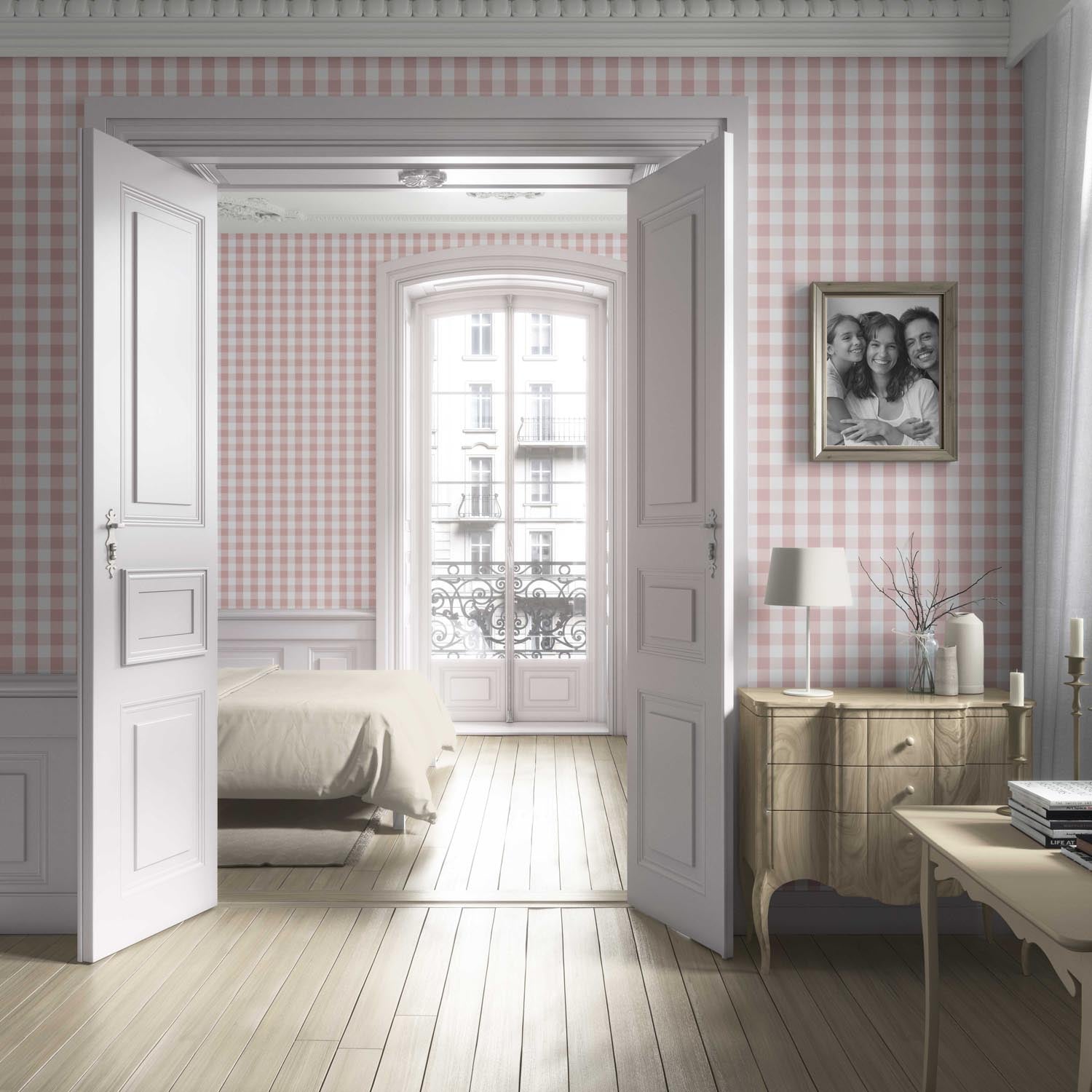 Geometric Gingham Kitchen Wallpaper Sample (Pink)