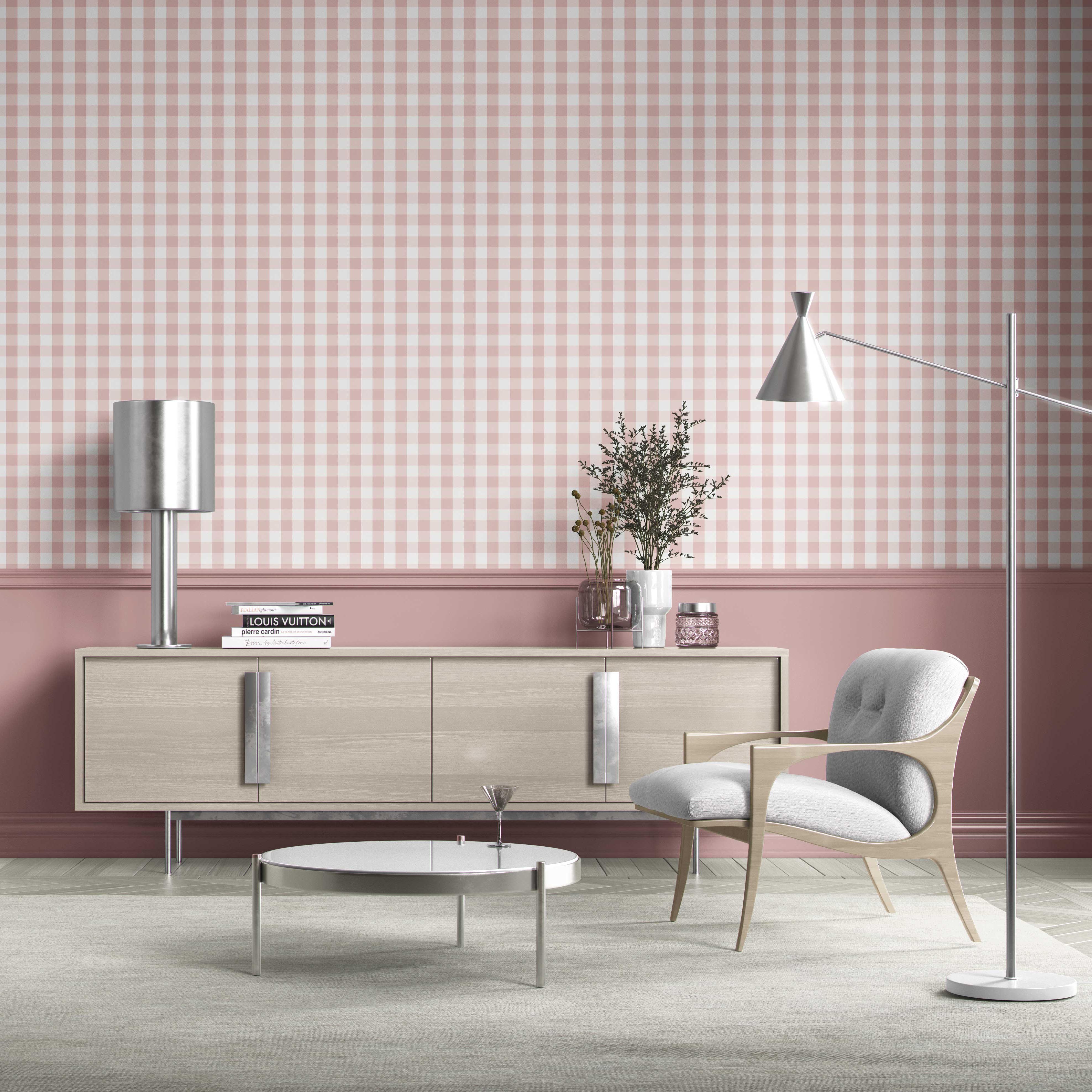 Geometric Gingham Living Room Wallpaper (Pink)