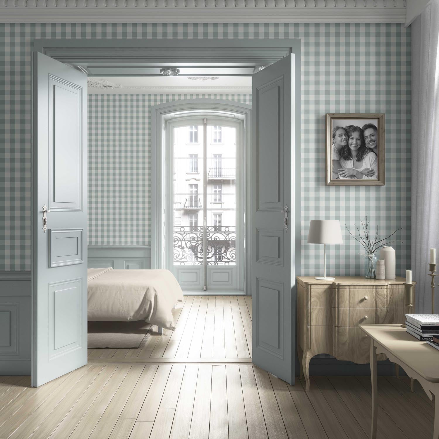 Geometric Gingham Living Room Wallpaper (Powder Blue)