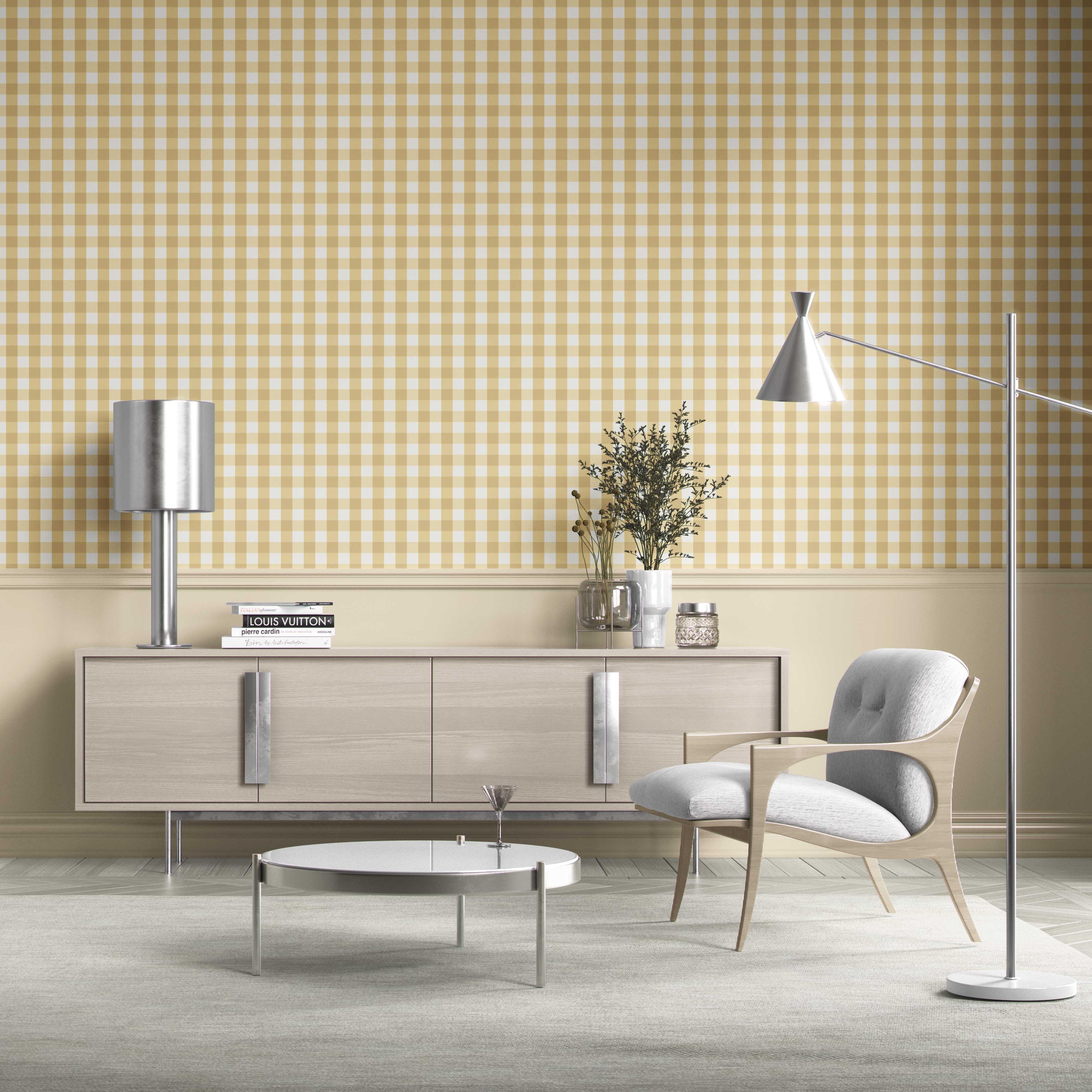 Geometric Gingham Living Room Wallpaper Sample (Yellow)
